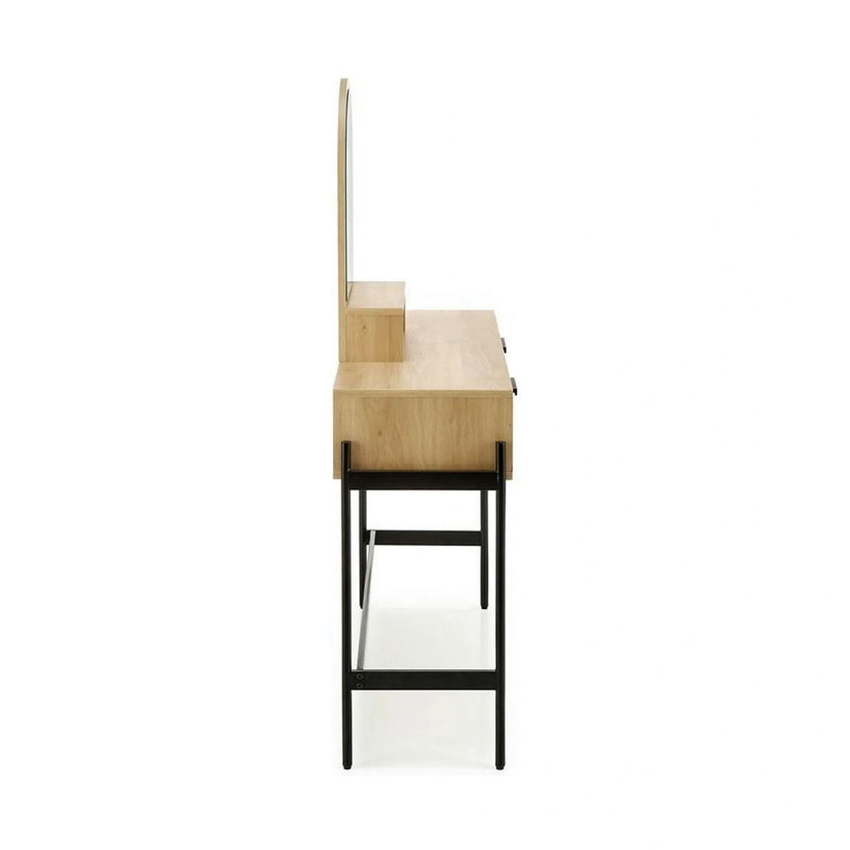 Masa de toaleta CARMEN, stejar natural/negru, PAL melaminat/rattan, cu oglinda, 104x35x136 cm