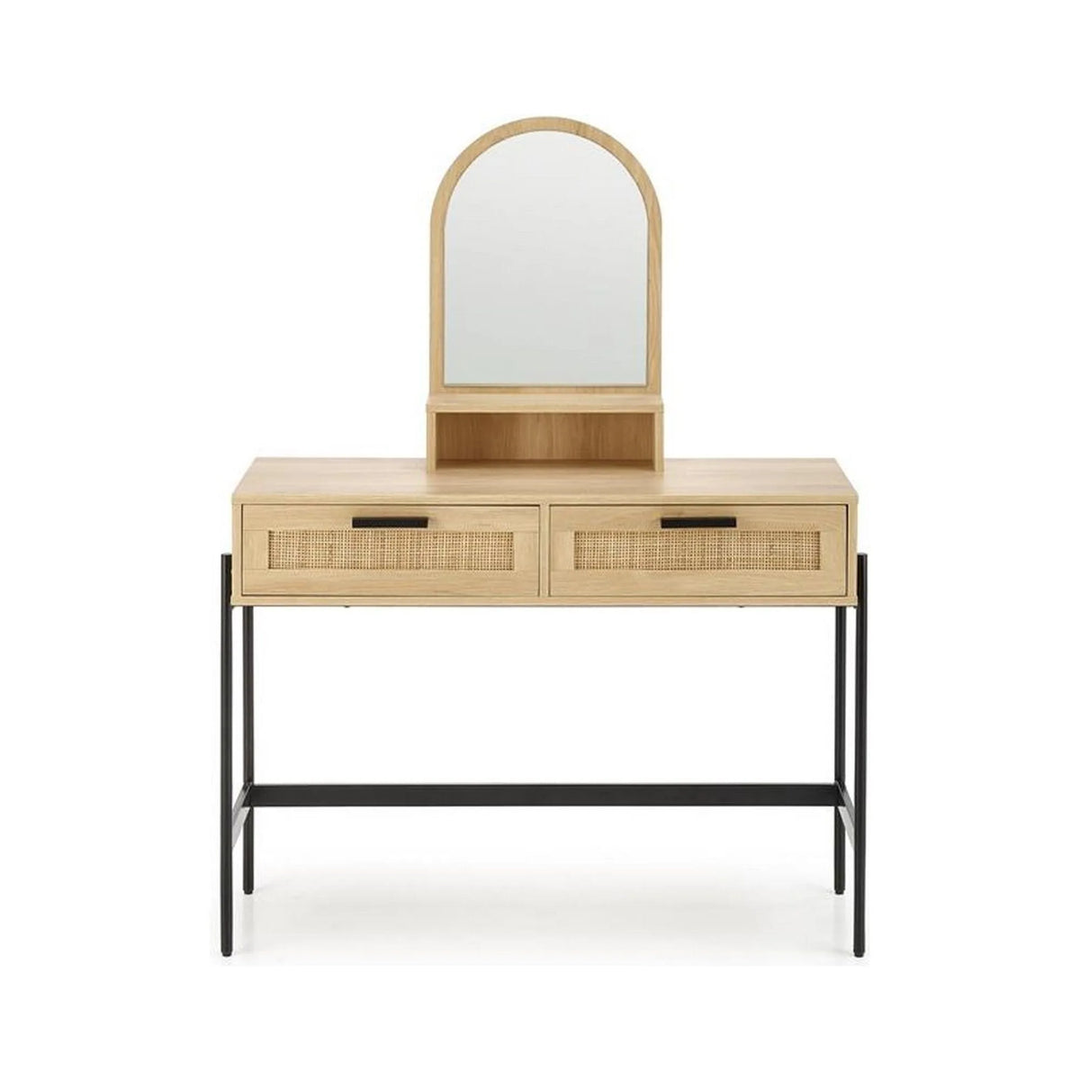 Masa de toaleta CARMEN, stejar natural/negru, PAL melaminat/rattan, cu oglinda, 104x35x136 cm