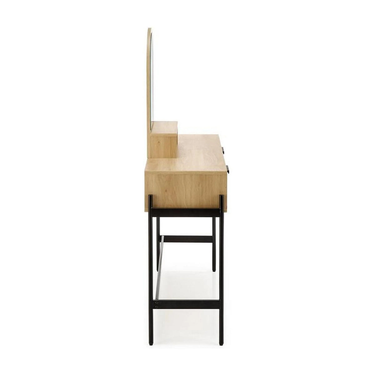 Masa de toaleta CARMEN, stejar natural/negru, PAL melaminat/rattan, cu oglinda, 104x35x136 cm