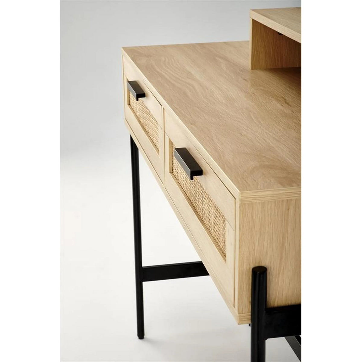 Masa de toaleta CARMEN, stejar natural/negru, PAL melaminat/rattan, cu oglinda, 104x35x136 cm