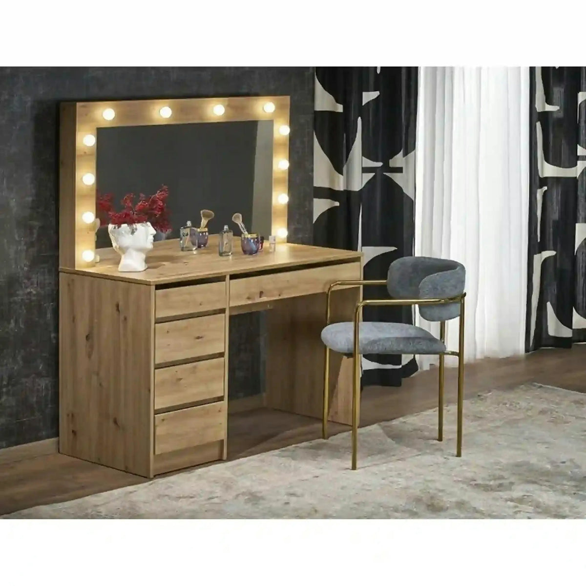 Masa de toaleta cu oglinda cu leduri HOLLYWOOD XL, stejar artisan, PAL laminat, 120x55x140 cm