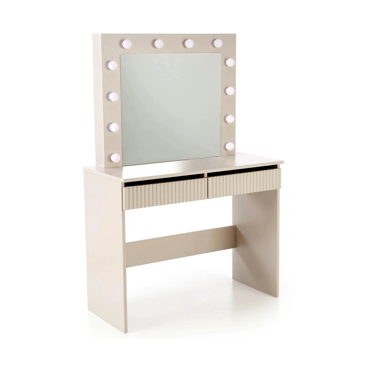 Masa de toaleta HOLLYWOOD 2, casmir, PAL laminat, cu oglinda si iluminare LED, 94x43x140 cm