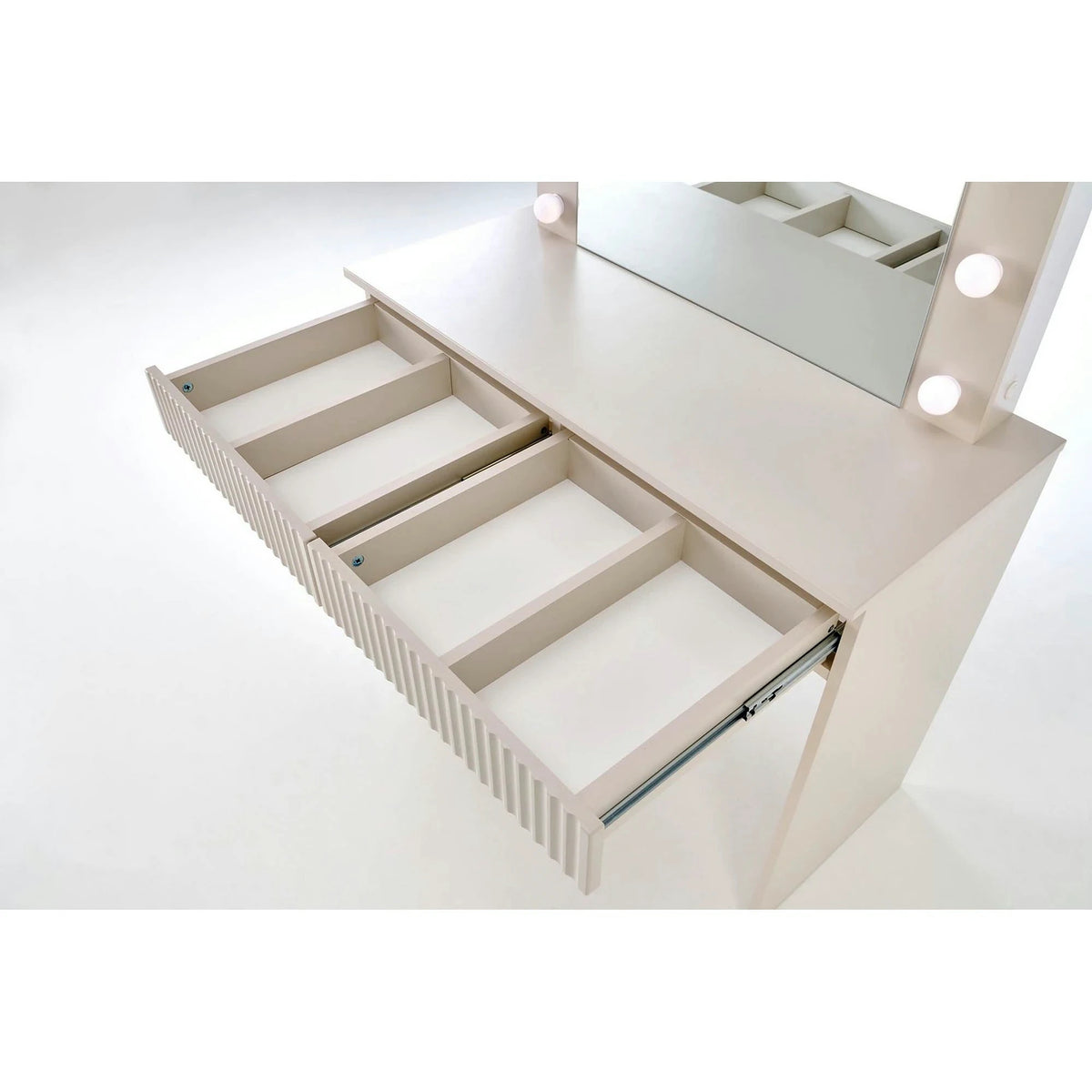 Masa de toaleta HOLLYWOOD 2, casmir, PAL laminat, cu oglinda si iluminare LED, 94x43x140 cm