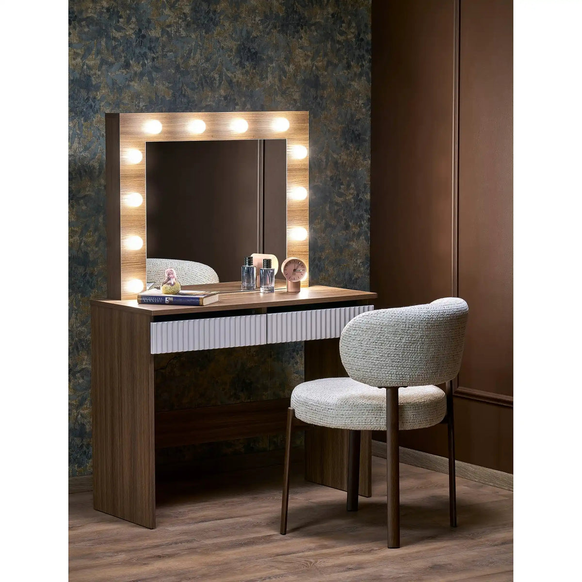 Masa de toaleta HOLLYWOOD 2, nuc/casmir, PAL laminat, cu oglinda si iluminare LED, 94x43x140 cm