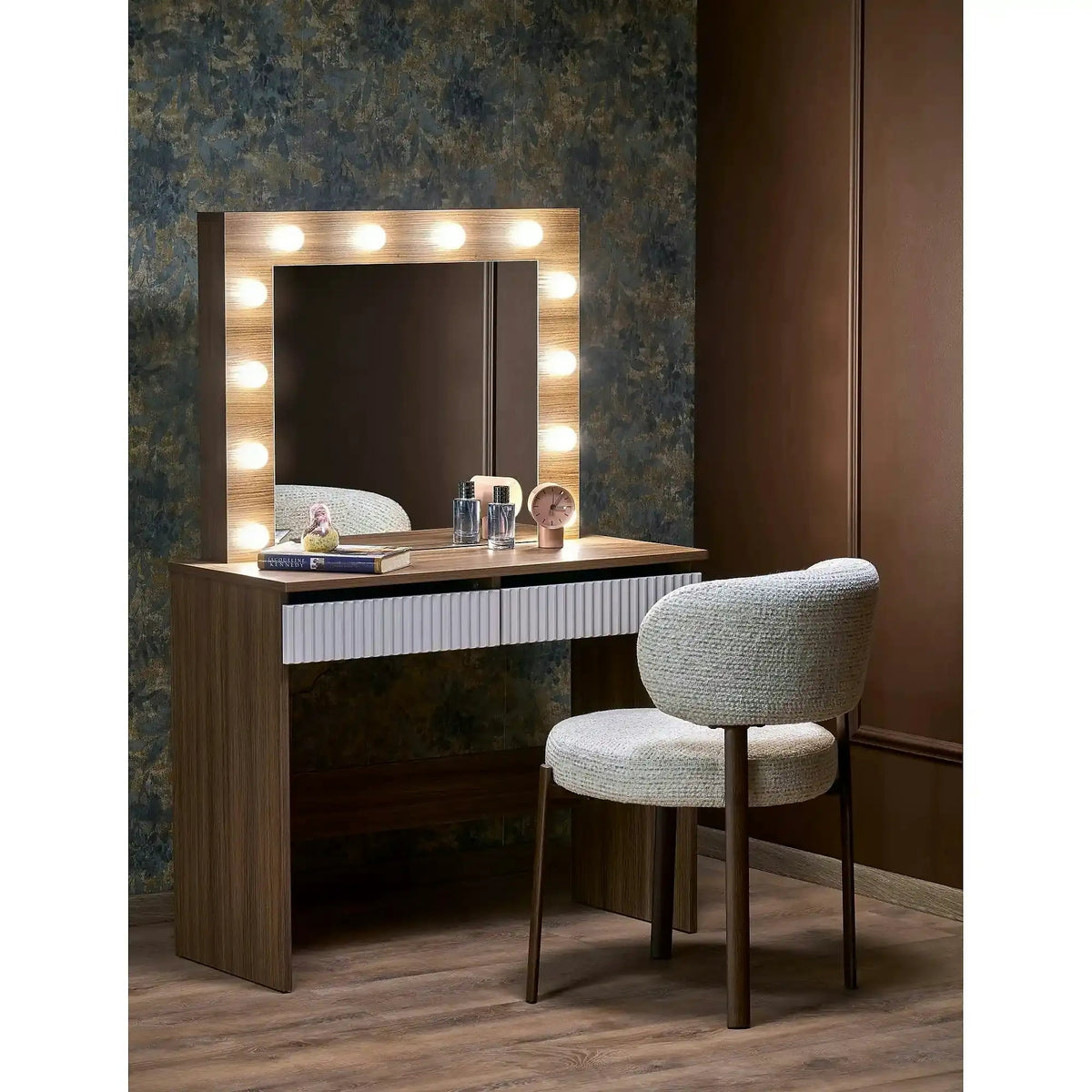 Masa de toaleta HOLLYWOOD 2, nuc/casmir, PAL laminat, cu oglinda si iluminare LED, 94x43x140 cm
