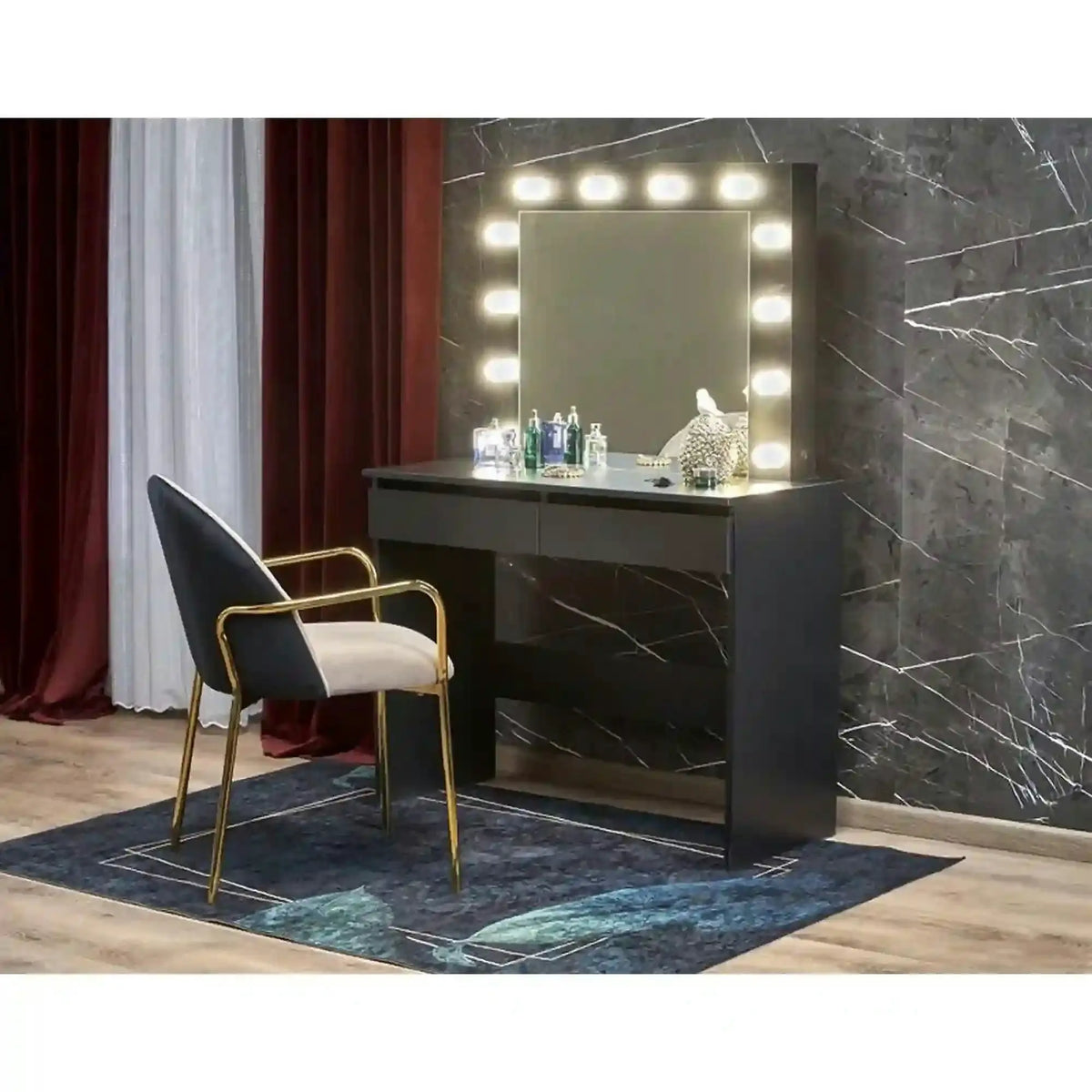 Masa de toaleta HOLLYWOOD, negru, PAL furniruit, cu oglinda si iluminare LED, 94x43x140 cm
