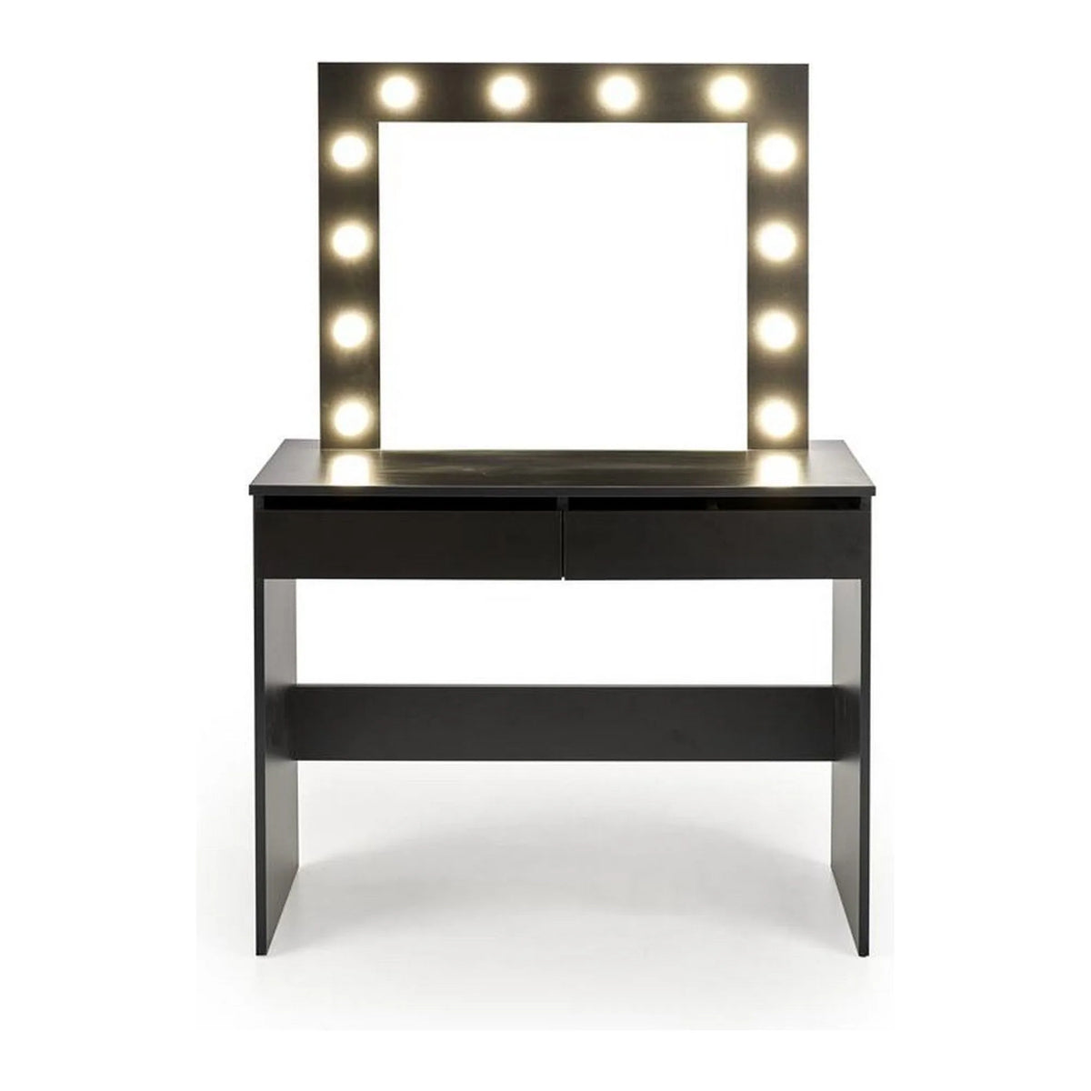 Masa de toaleta HOLLYWOOD, negru, PAL furniruit, cu oglinda si iluminare LED, 94x43x140 cm