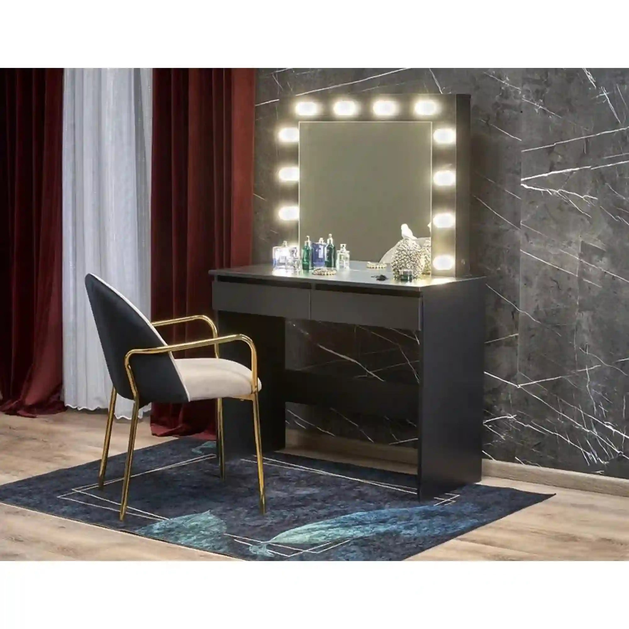 Masa de toaleta HOLLYWOOD, negru, PAL furniruit, cu oglinda si iluminare LED, 94x43x140 cm