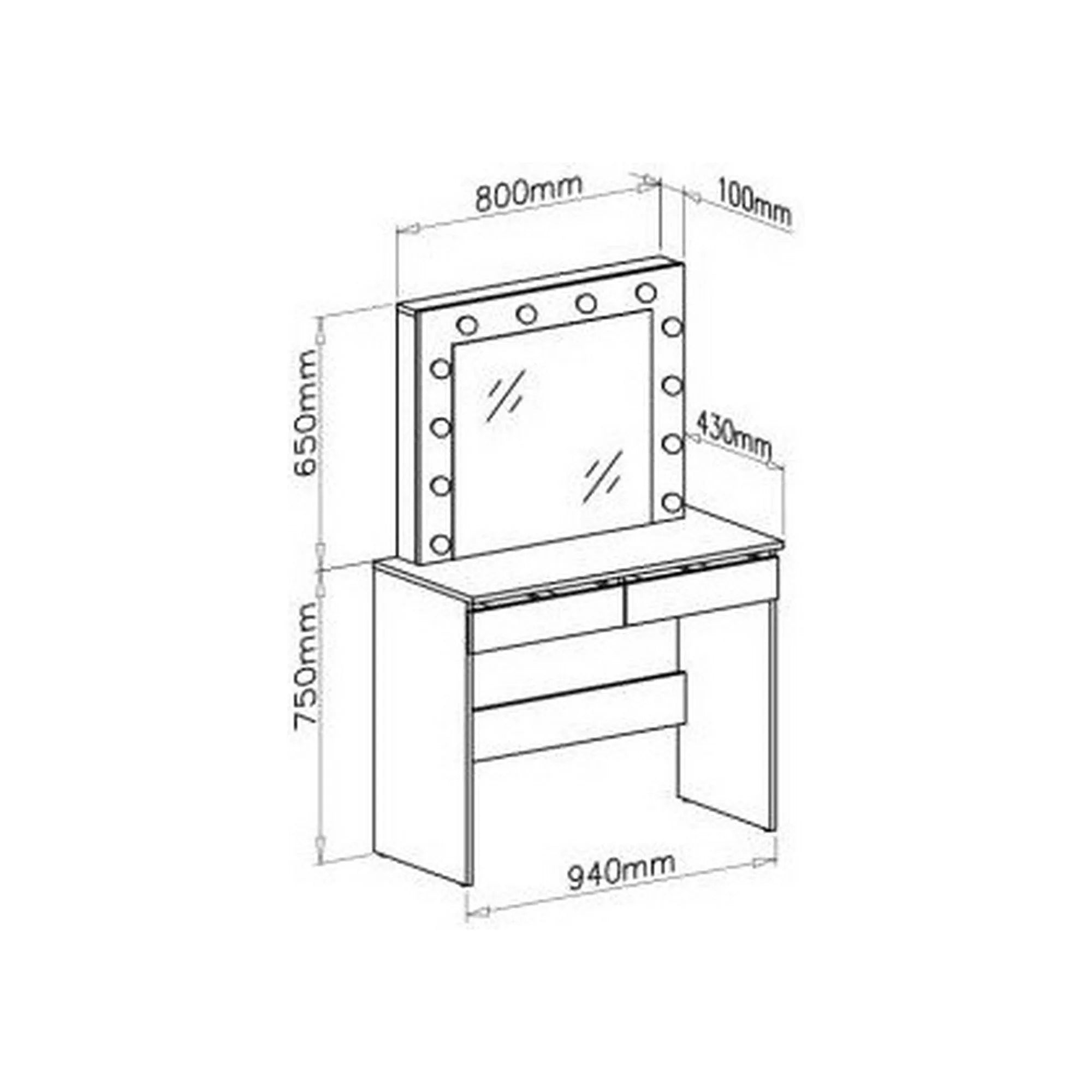 Masa de toaleta HOLLYWOOD, negru, PAL furniruit, cu oglinda si iluminare LED, 94x43x140 cm
