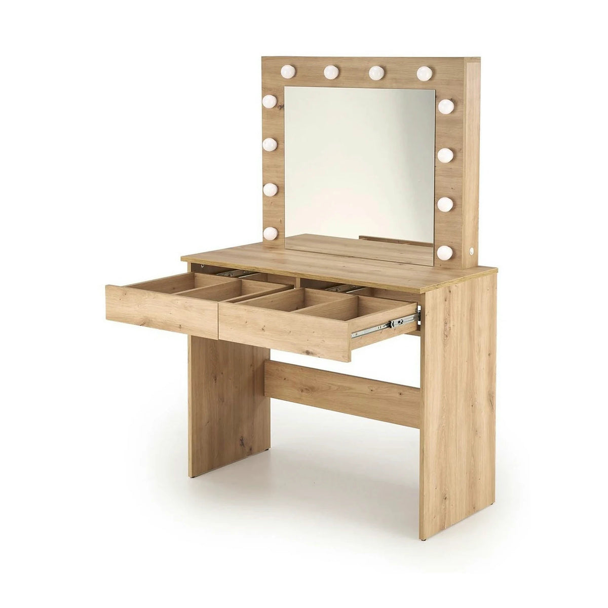 Masa de toaleta HOLLYWOOD, stejar artisan, PAL laminat, cu oglinda si iluminare LED, 94x43x140 cm
