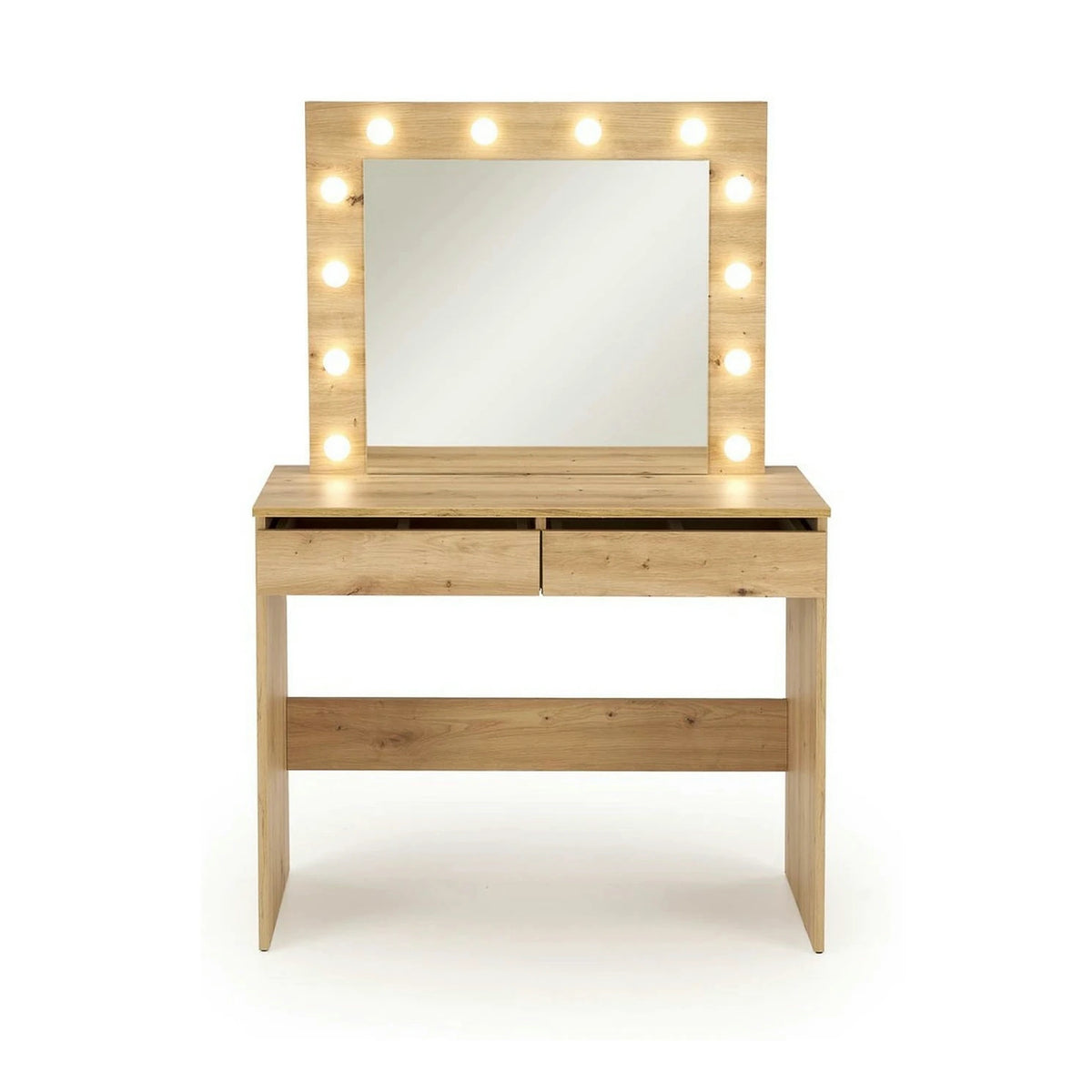 Masa de toaleta HOLLYWOOD, stejar artisan, PAL laminat, cu oglinda si iluminare LED, 94x43x140 cm