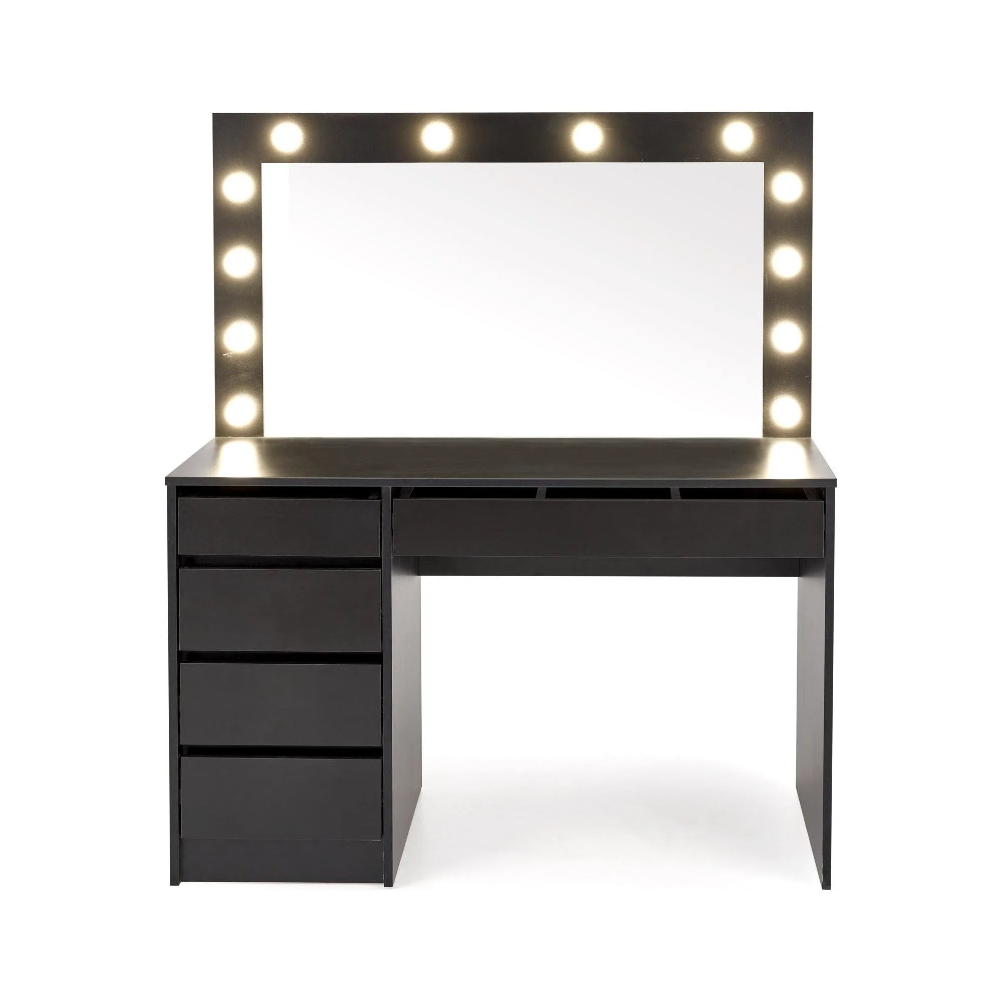 Masa de toaleta HOLLYWOOD XL, negru, PAL furniruit, cu oglinda si iluminare LED, 120x55x140 cm