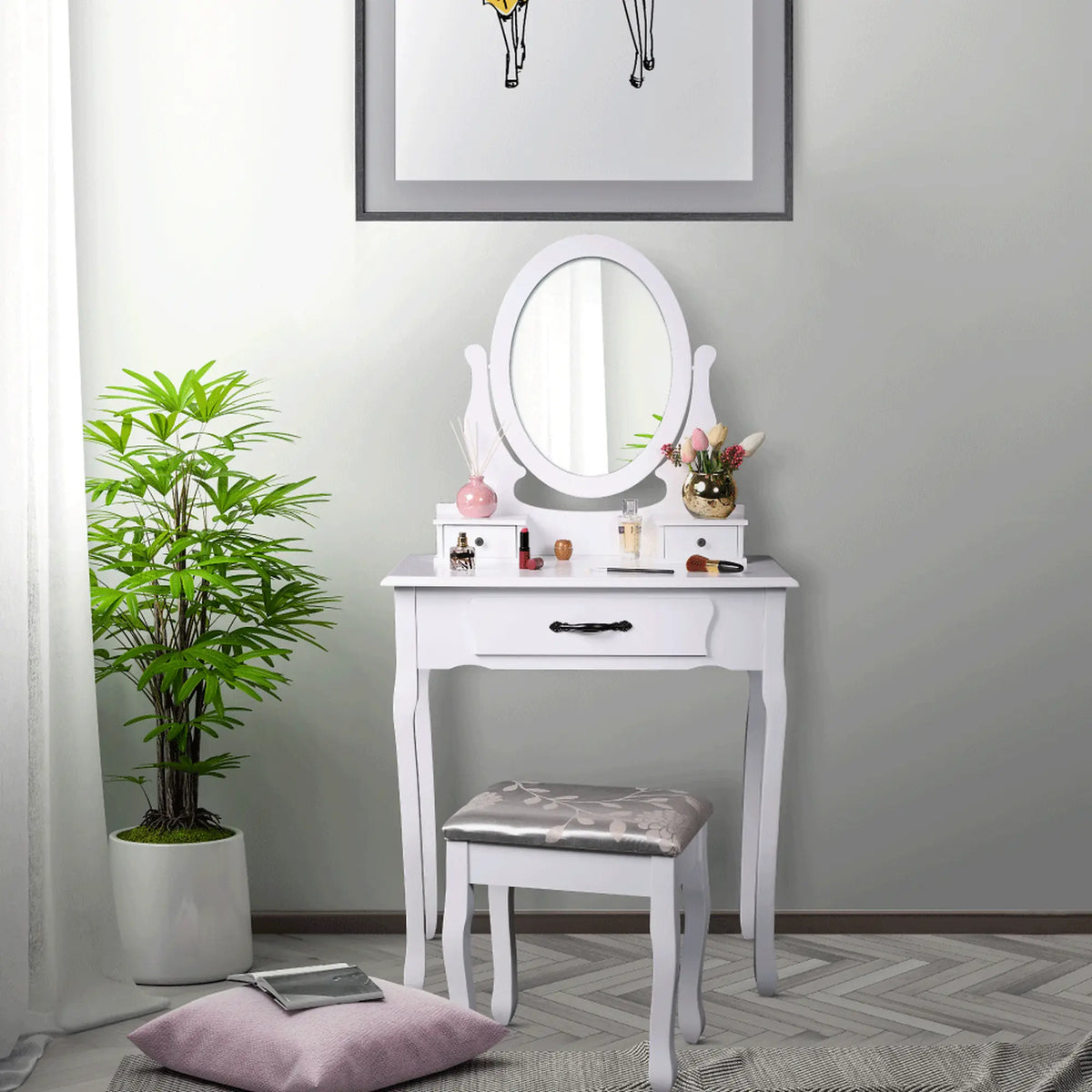Masa de toaleta LINET NEW, alb/auriu, cu taburet si oglinda, 72x40x136 cm