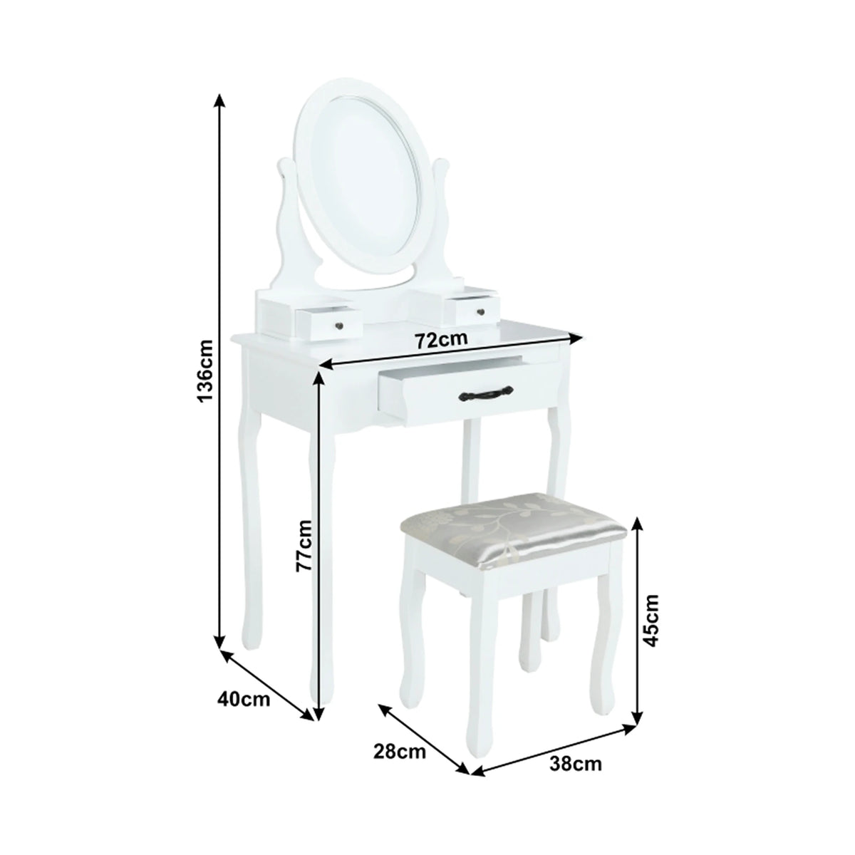 Masa de toaleta LINET NEW, alb/auriu, cu taburet si oglinda, 72x40x136 cm