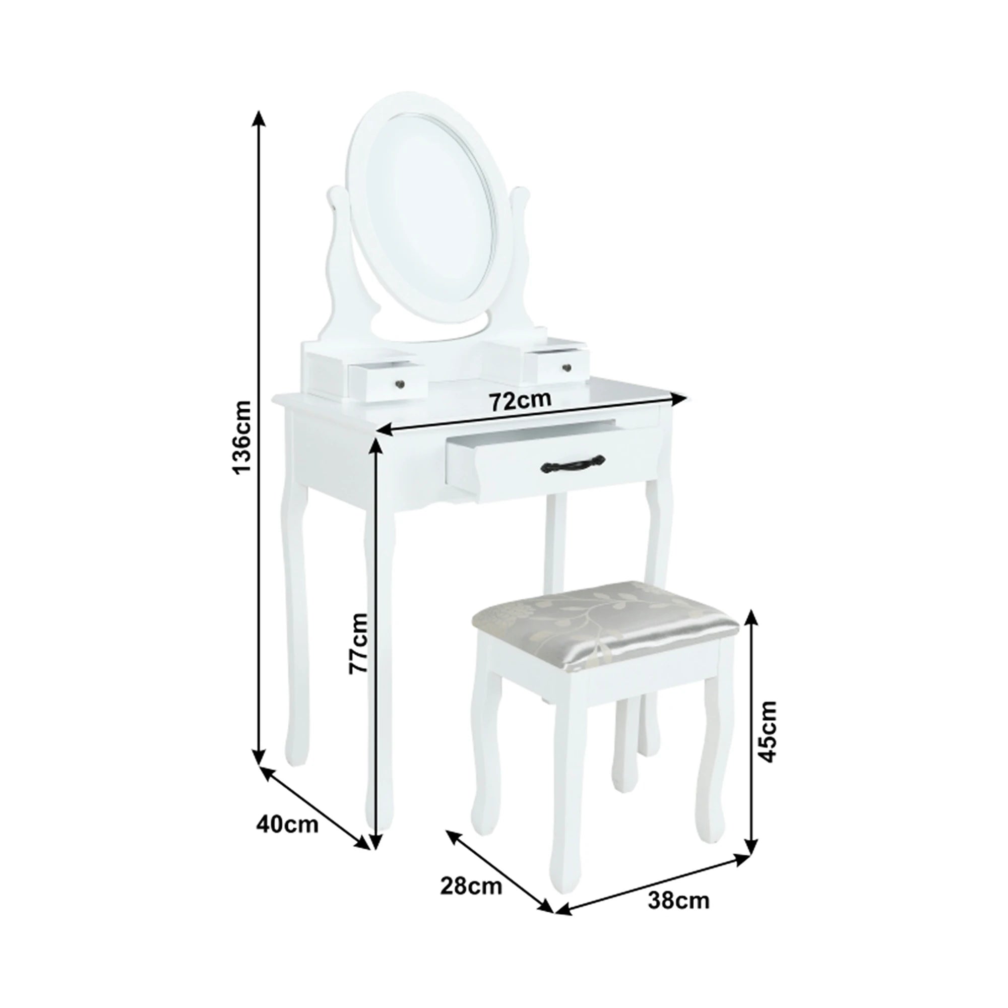 Masa de toaleta LINET NEW, alb/auriu, cu taburet si oglinda, 72x40x136 cm