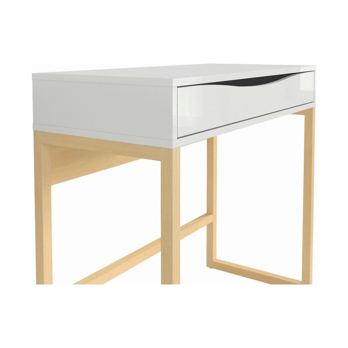 Masa de toaleta PORI, alb lucios/stejar nagaro, lemn/furnir de pin/PVC, cu oglinda, 85x40x78/93 cm