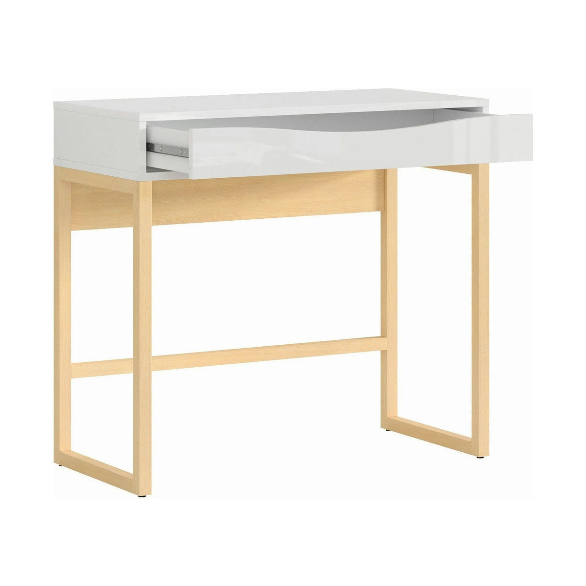 Masa de toaleta PORI, alb lucios/stejar nagaro, lemn/furnir de pin/PVC, cu oglinda, 85x40x78/93 cm
