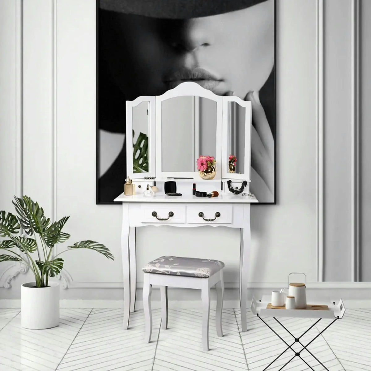 Masa de toaleta REGINA NEW, alb/argintiu, cu taburet si oglinda, 80x40x142 cm