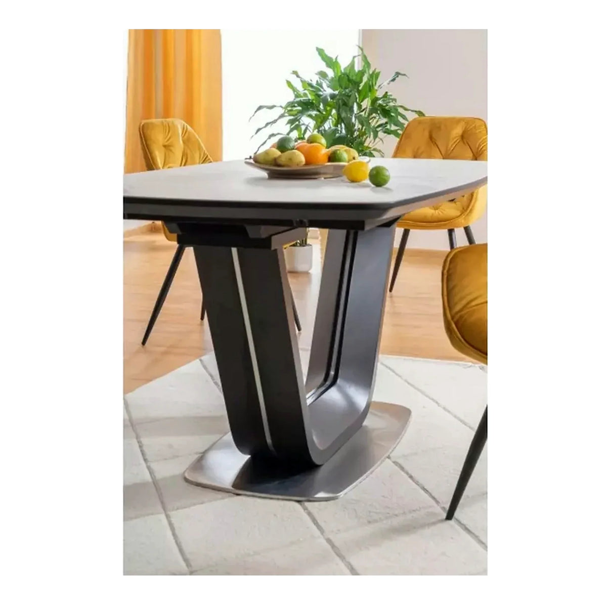 Masa dining 160 cm ARMANI, extensibila, alb cu efect de marmura/negru