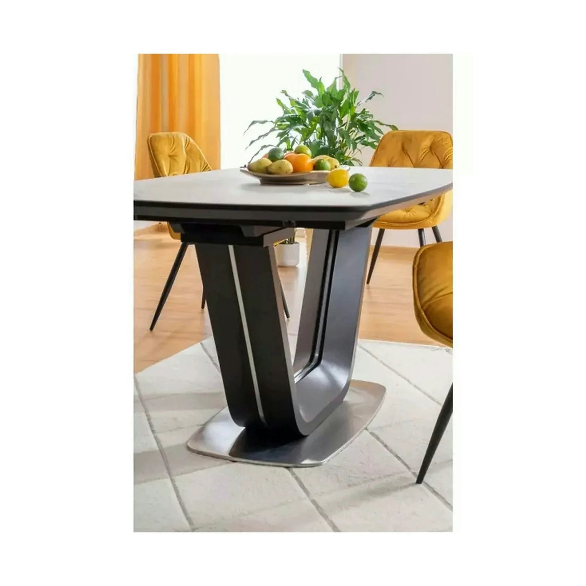 Masa dining 160 cm ARMANI, extensibila, alb cu efect de marmura/negru