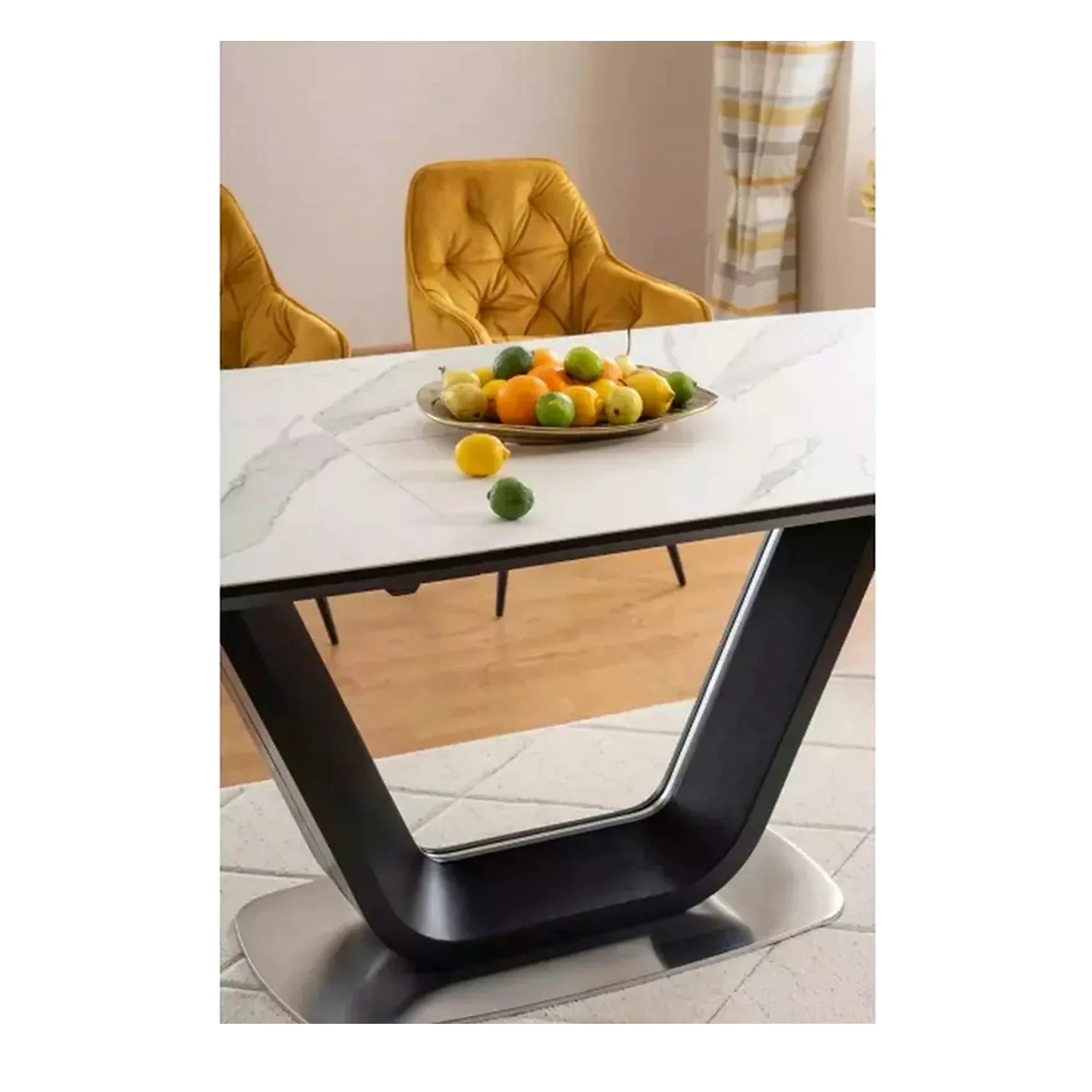 Masa dining 160 cm ARMANI, extensibila, alb cu efect de marmura/negru