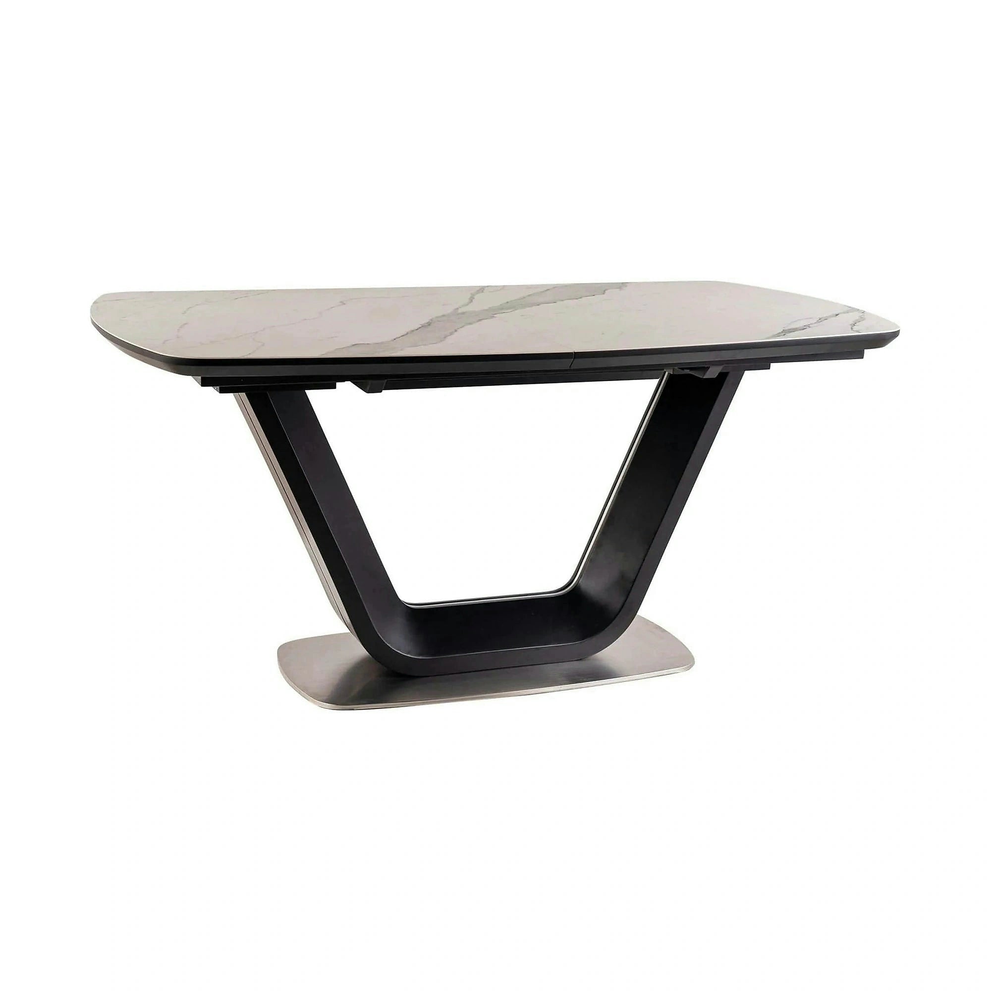 Masa dining 160 cm ARMANI, extensibila, alb cu efect de marmura/negru