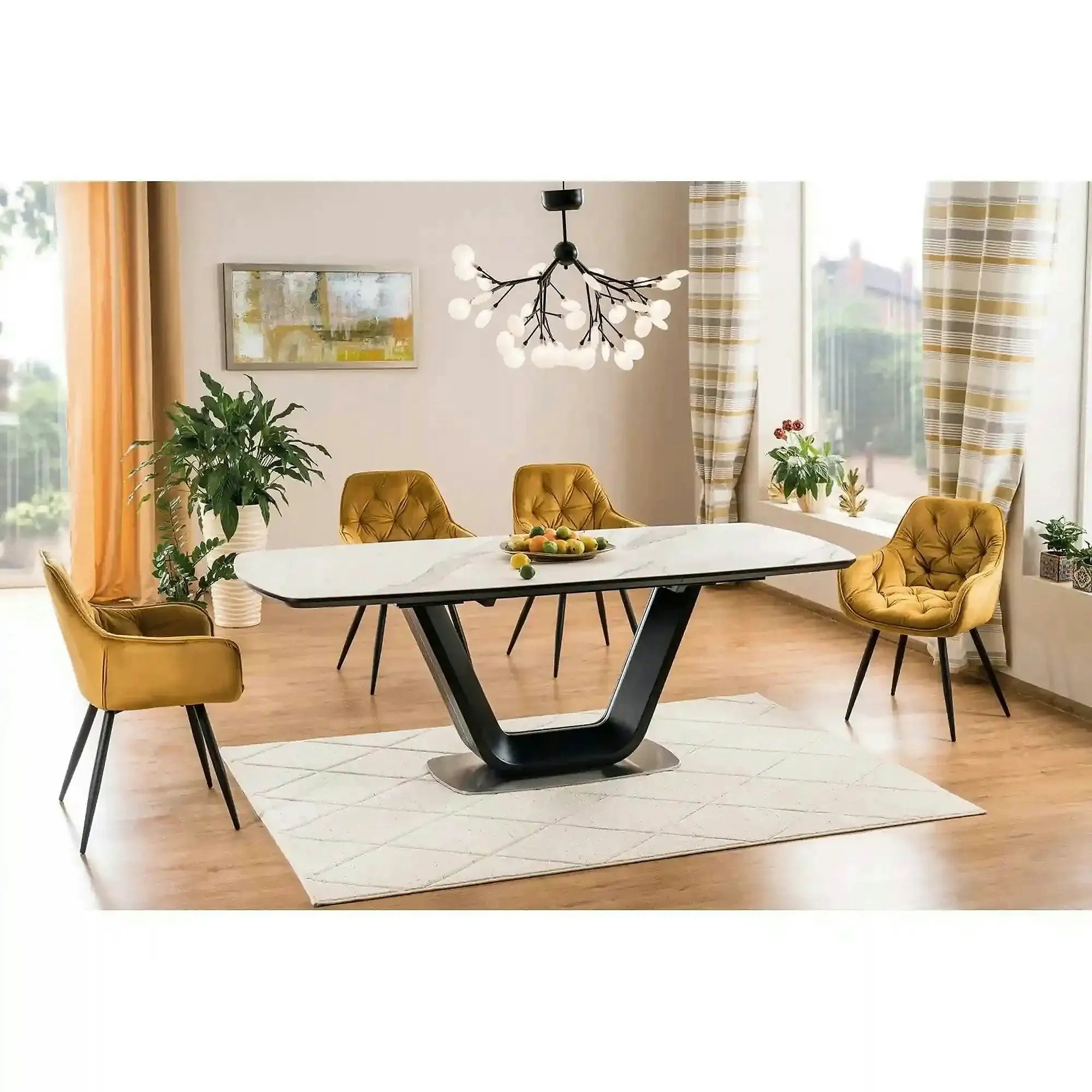 Masa dining 160 cm ARMANI, extensibila, alb cu efect de marmura/negru