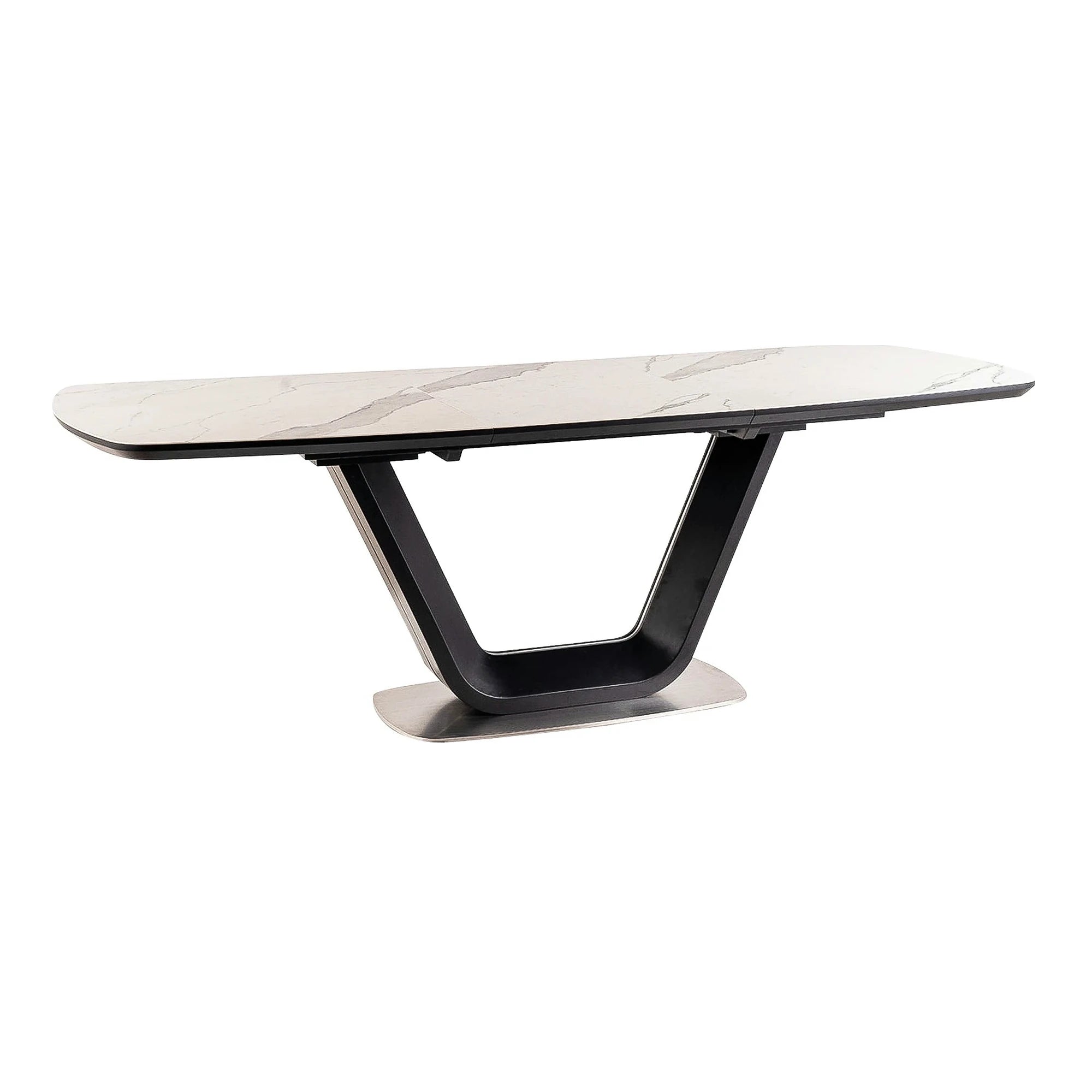 Masa dining 160 cm ARMANI, extensibila, alb cu efect de marmura/negru