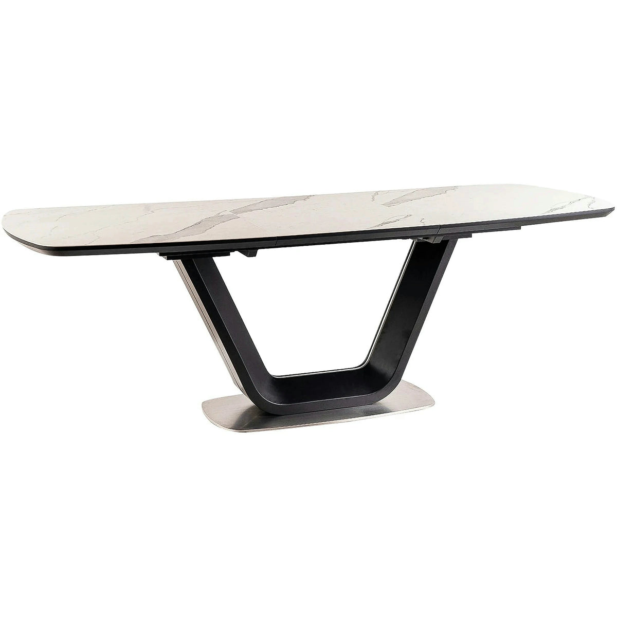 Masa dining 160 cm ARMANI, extensibila, alb cu efect de marmura/negru