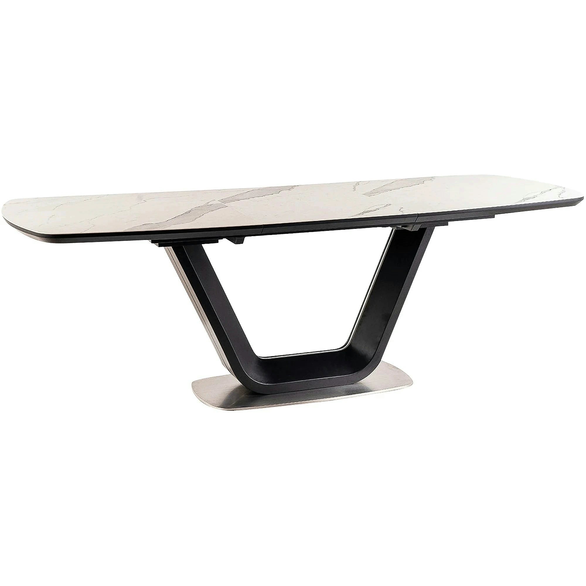 Masa dining 160 cm ARMANI, extensibila, alb cu efect de marmura/negru