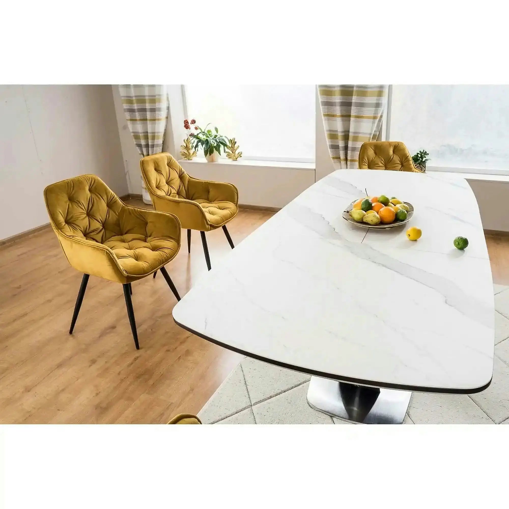 Masa dining 160 cm ARMANI, extensibila, alb cu efect de marmura/negru