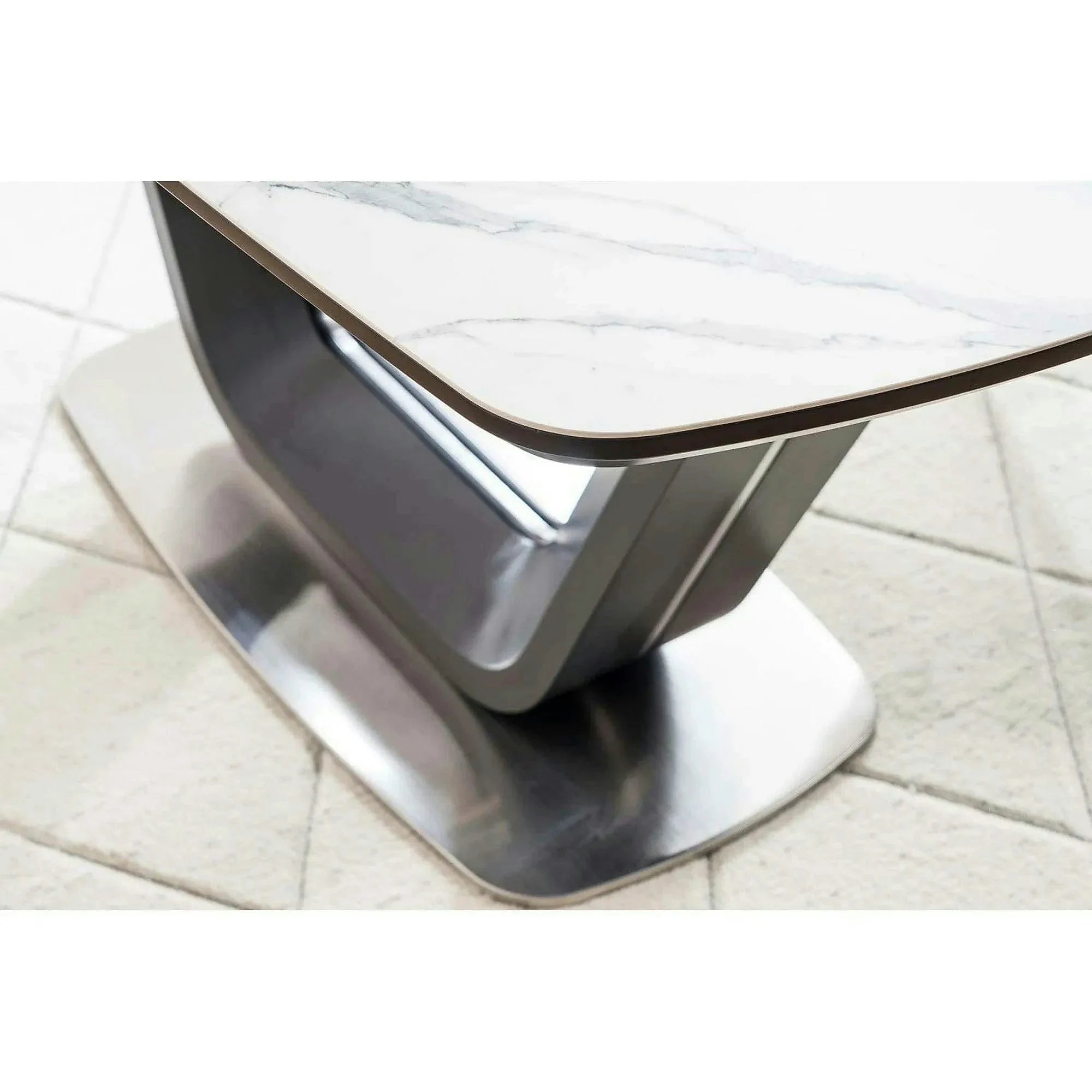 Masa dining 160 cm ARMANI, extensibila, alb cu efect de marmura/negru