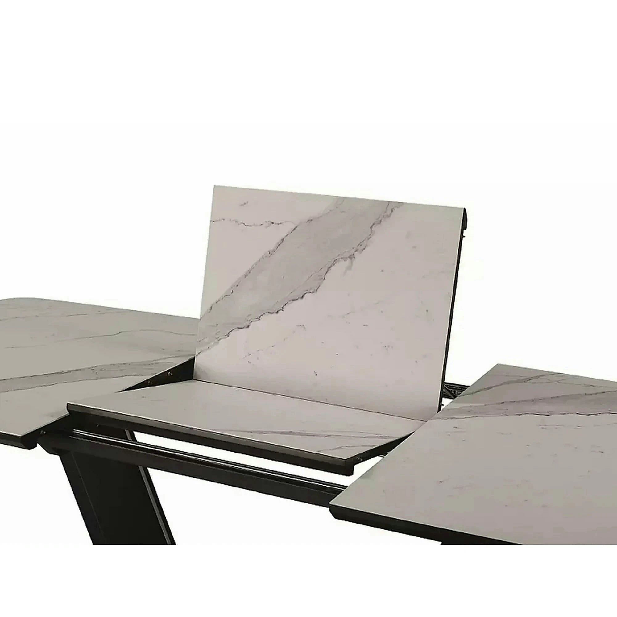 Masa dining 160 cm ARMANI, extensibila, alb cu efect de marmura/negru