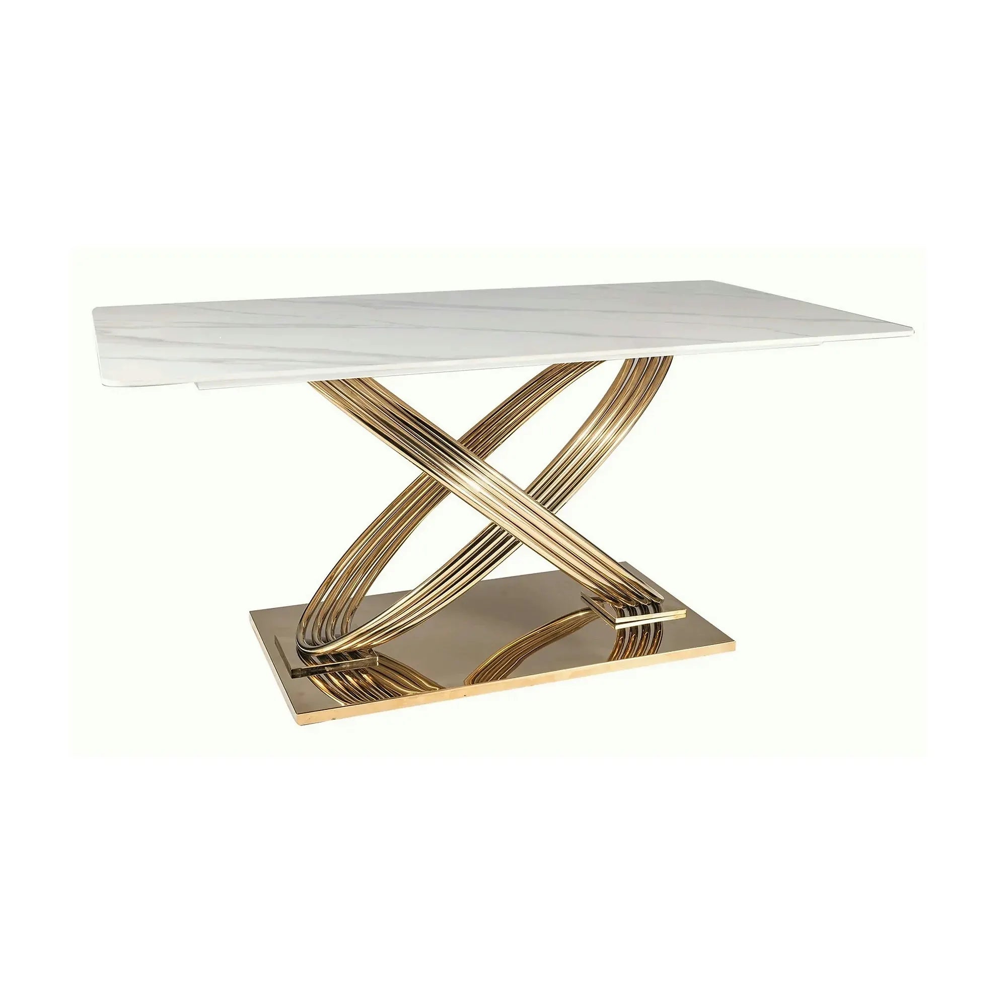 Masa dining 160 cm HERMES, alb cu efect de marmura/auriu, ceramica/metal, 160x90x75 cm