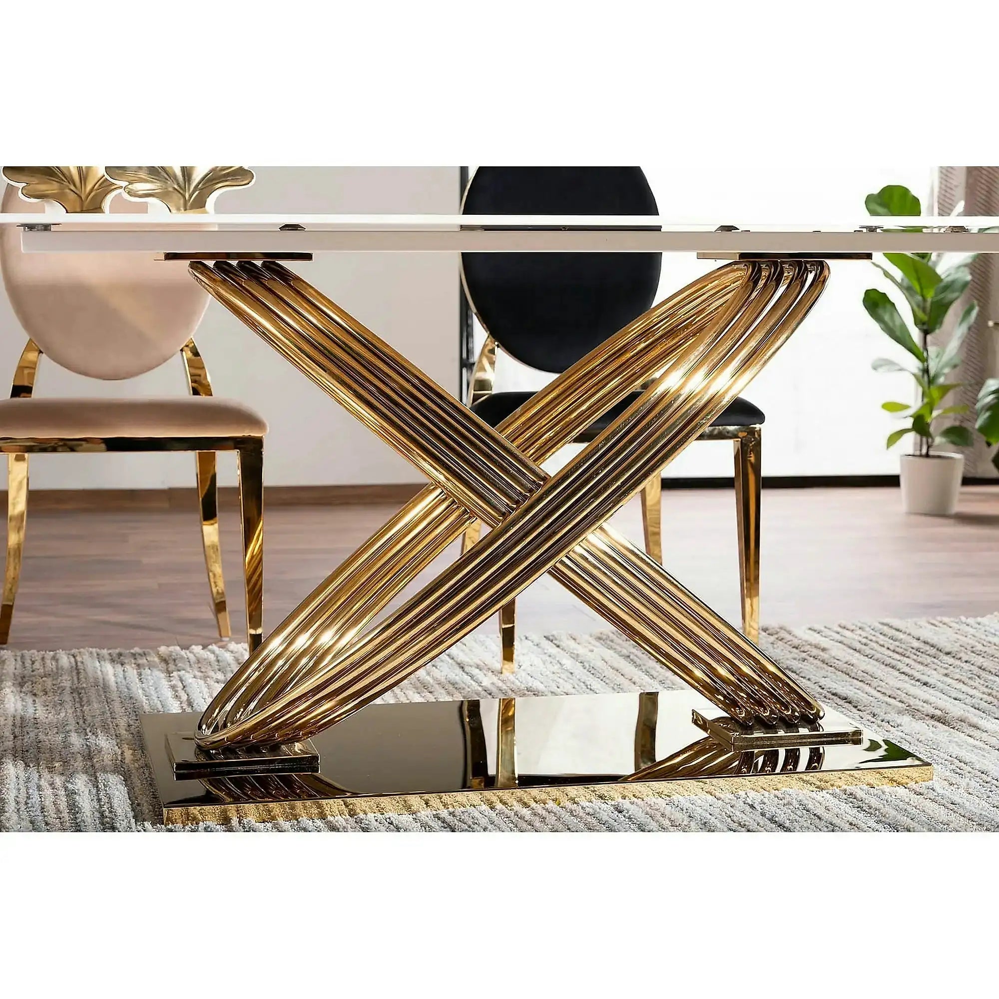 Masa dining 160 cm HERMES, alb cu efect de marmura/auriu, ceramica/metal, 160x90x75 cm