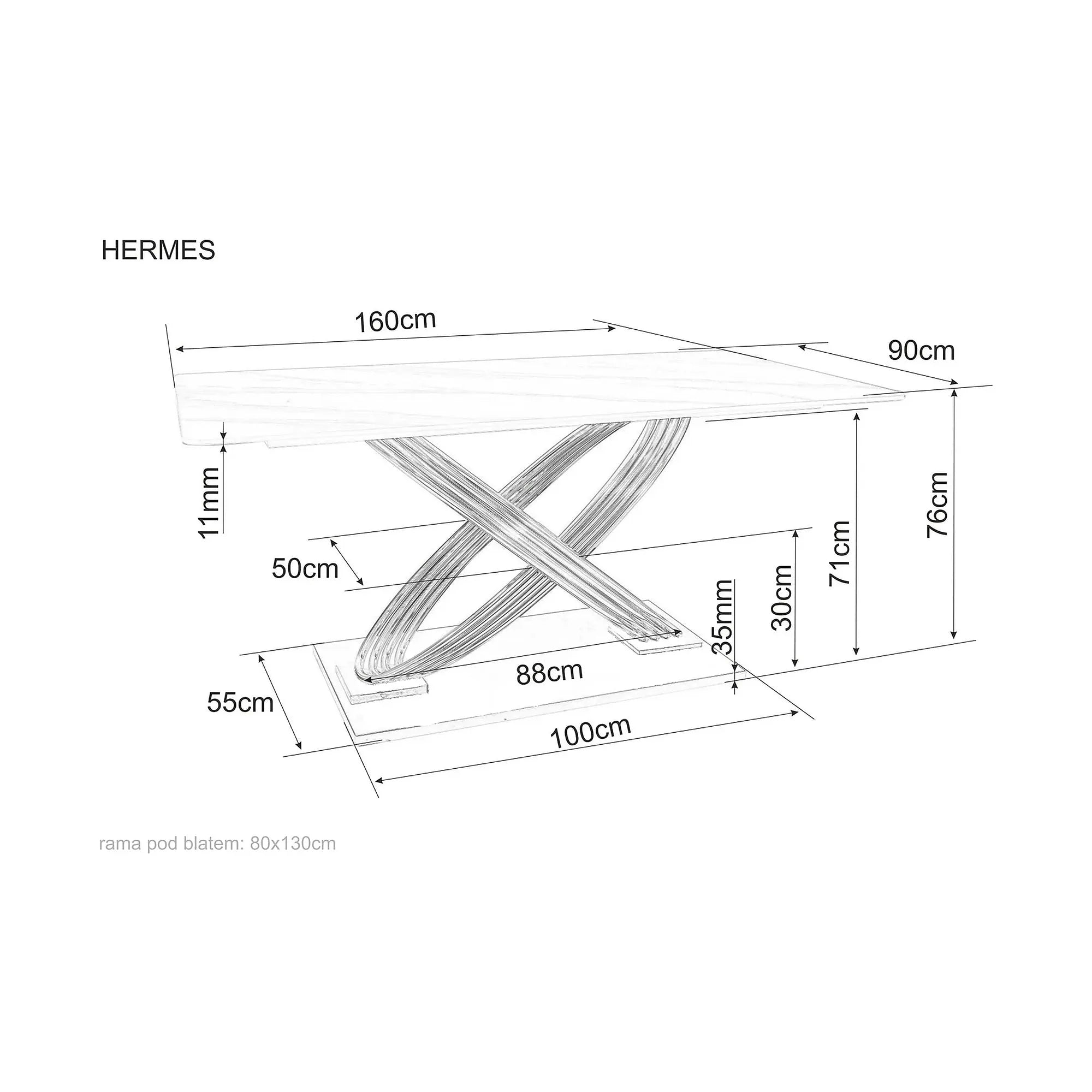 Masa dining 160 cm HERMES, alb cu efect de marmura/auriu, ceramica/metal, 160x90x75 cm