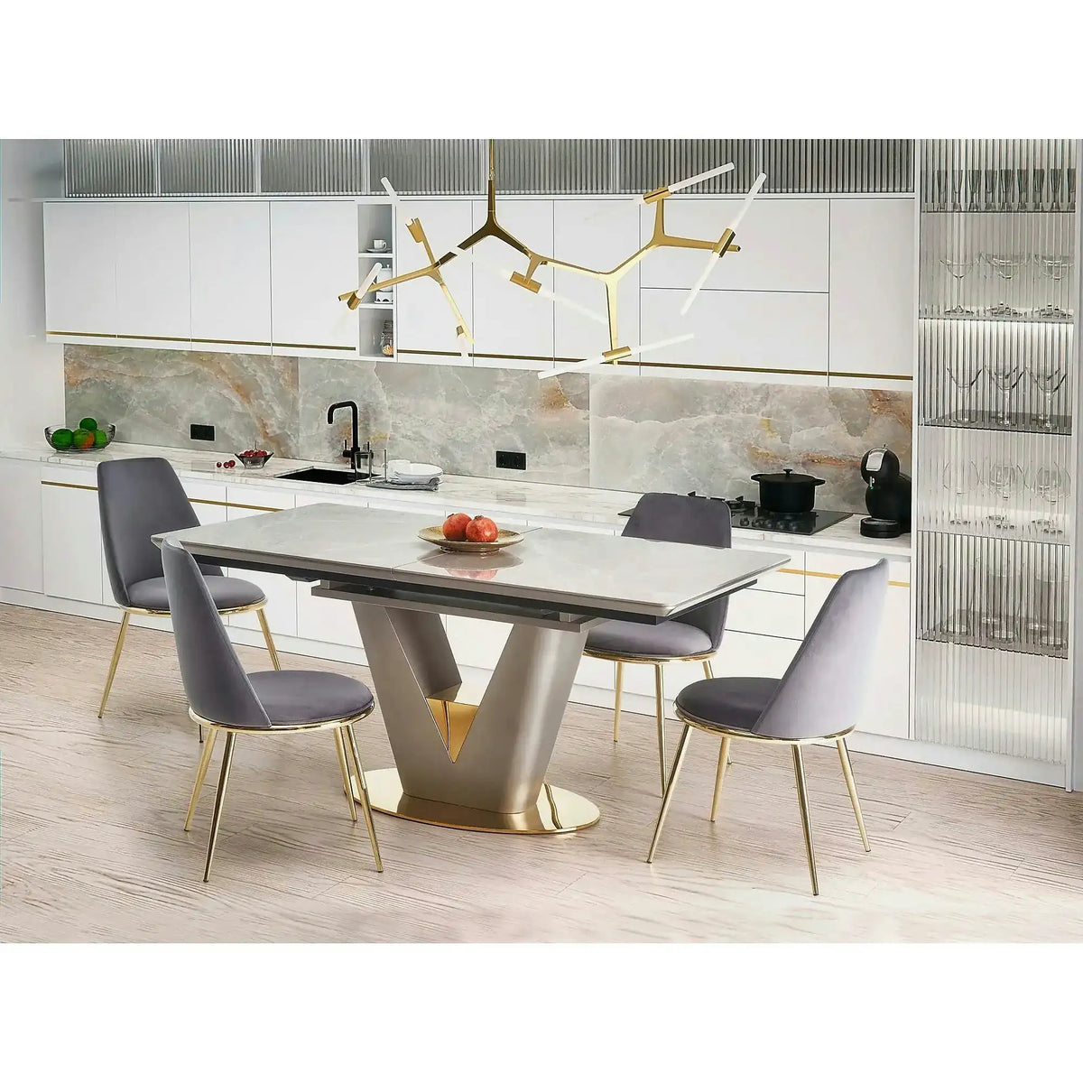 Masa dining 8 persoane VALENTINO, gri/auriu, ceramica/otel, 160/220x90x76 cm