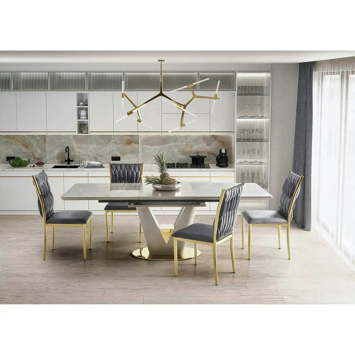 Masa dining 8 persoane VALENTINO, gri/auriu, ceramica/otel, 160/220x90x76 cm