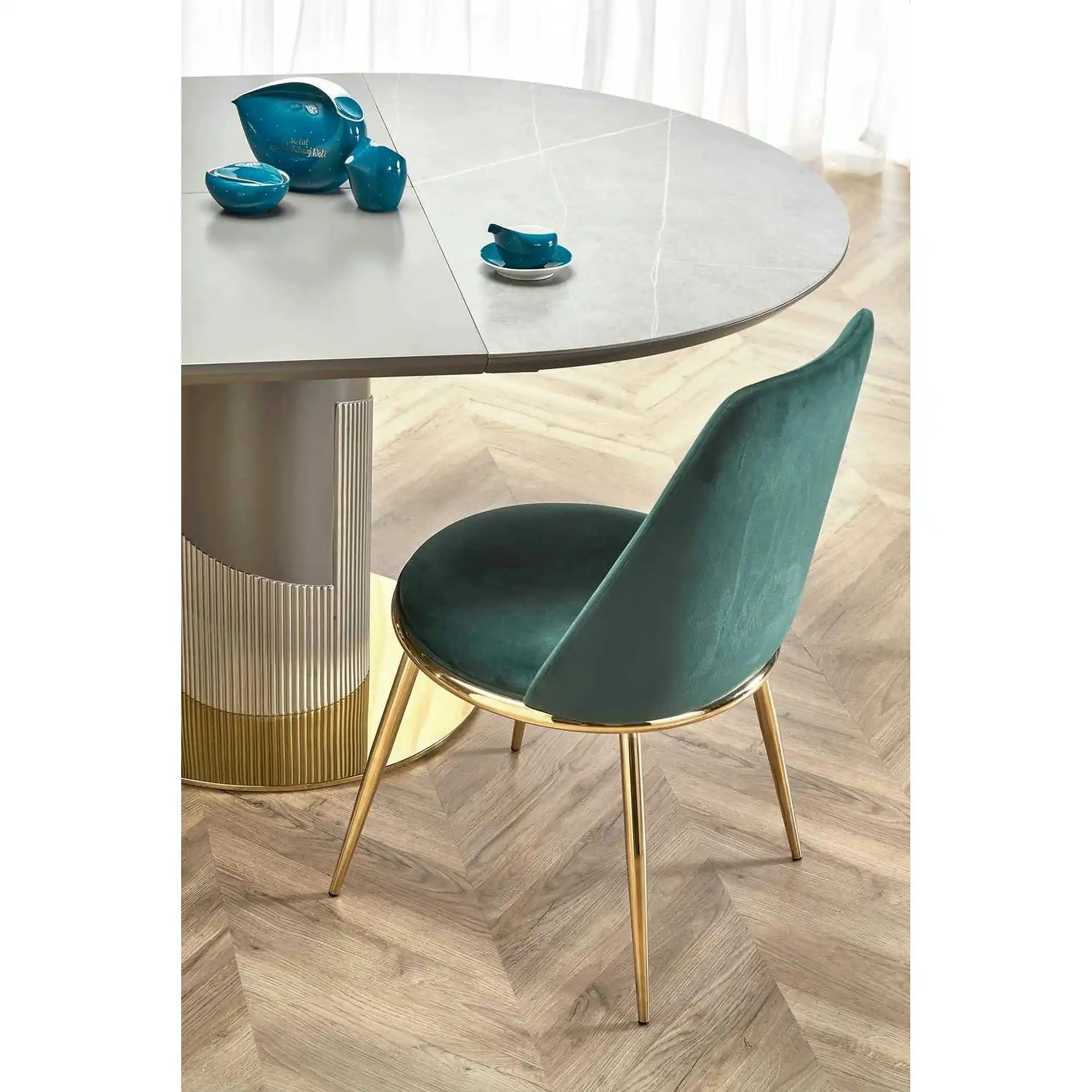 Masa eleganta living MUSCAT, gri cu efect marmura/auriu, 120/160x120x76 cm