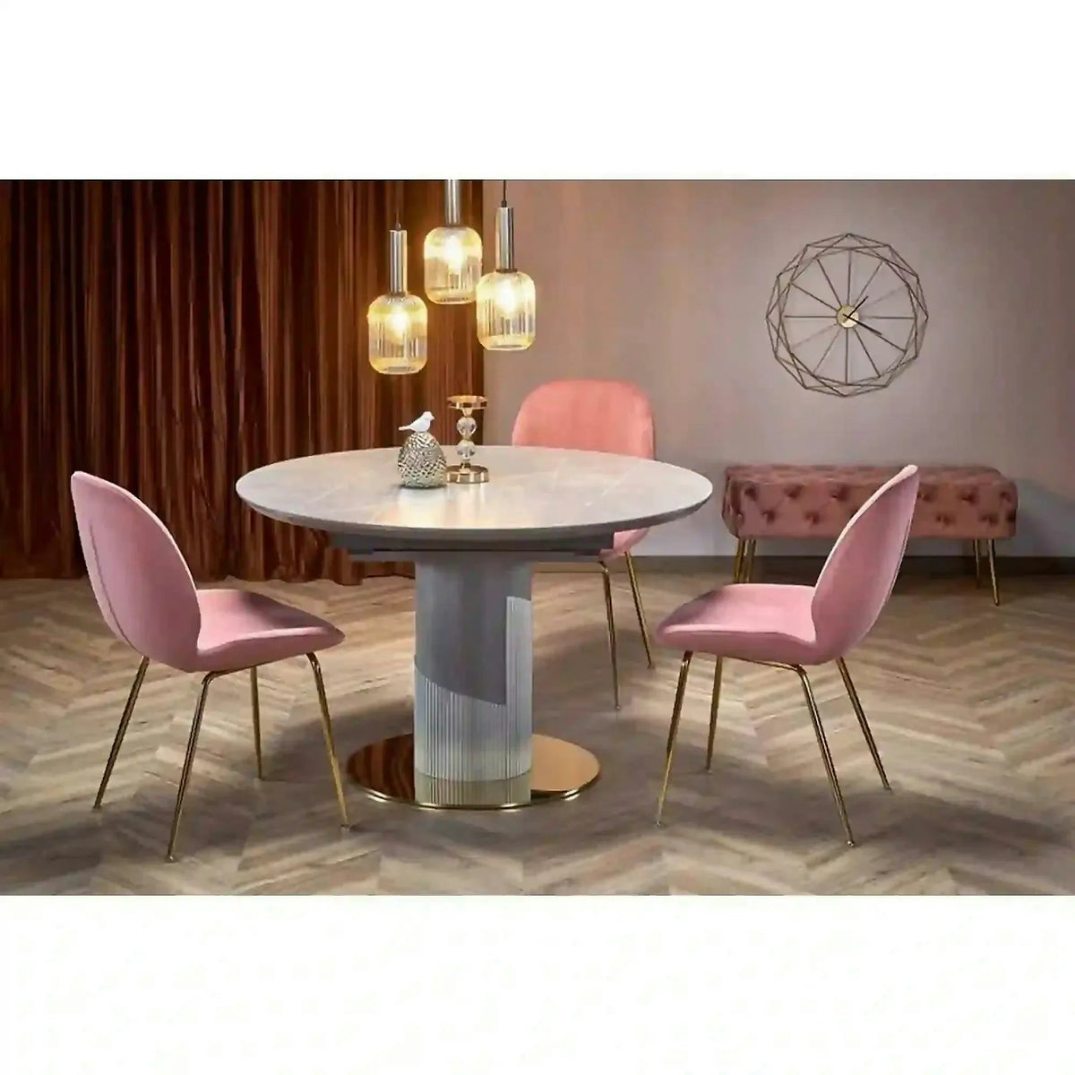 Masa eleganta living MUSCAT, gri cu efect marmura/auriu, 120/160x120x76 cm