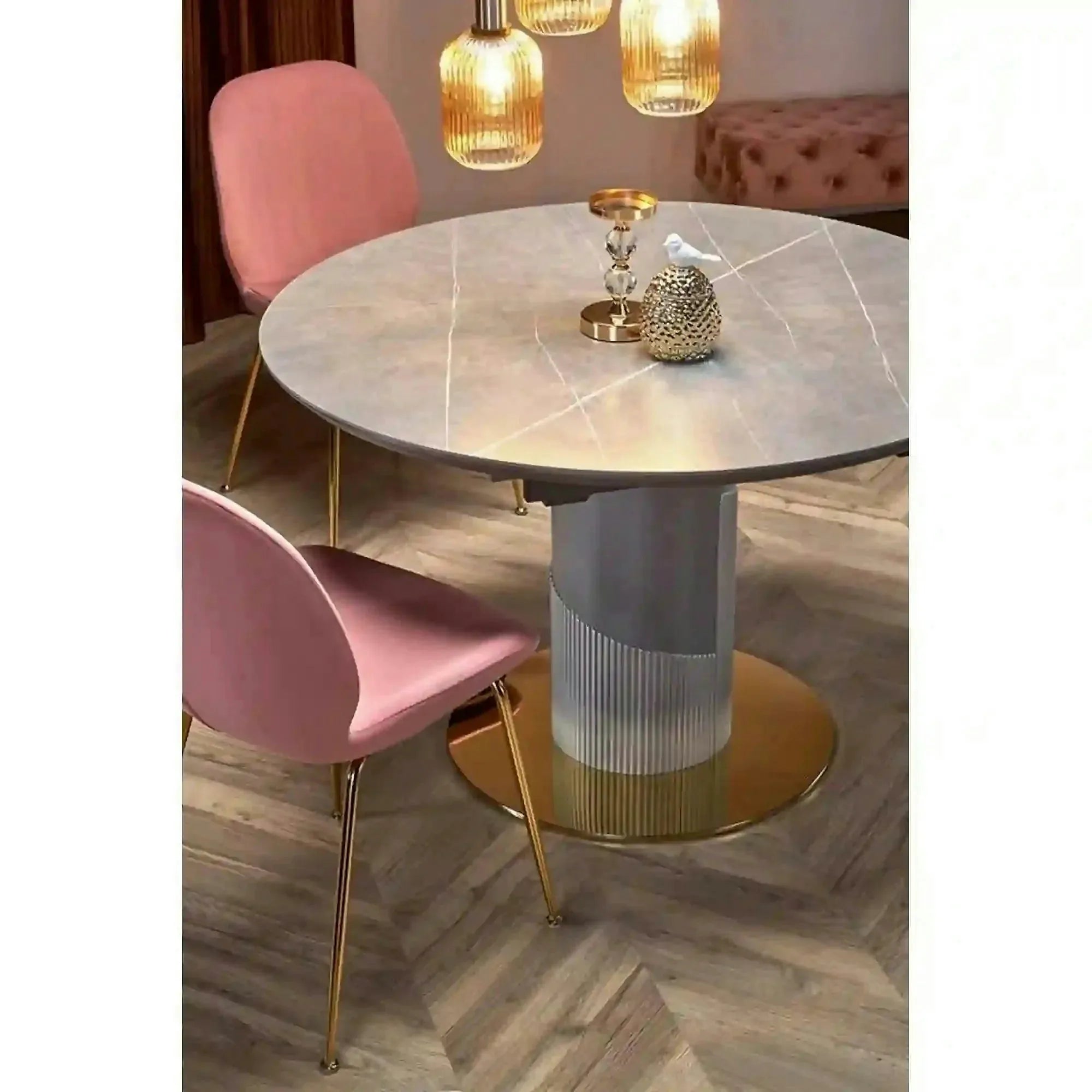 Masa eleganta living MUSCAT, gri cu efect marmura/auriu, 120/160x120x76 cm