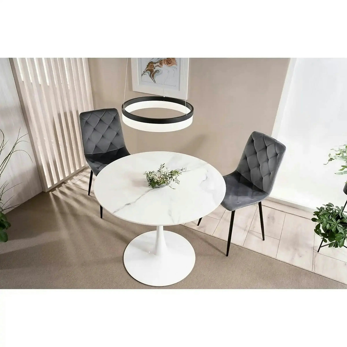 Masa ESPERO, alb cu efect de marmura/alb, ceramica/metal, 90x90x75 cm