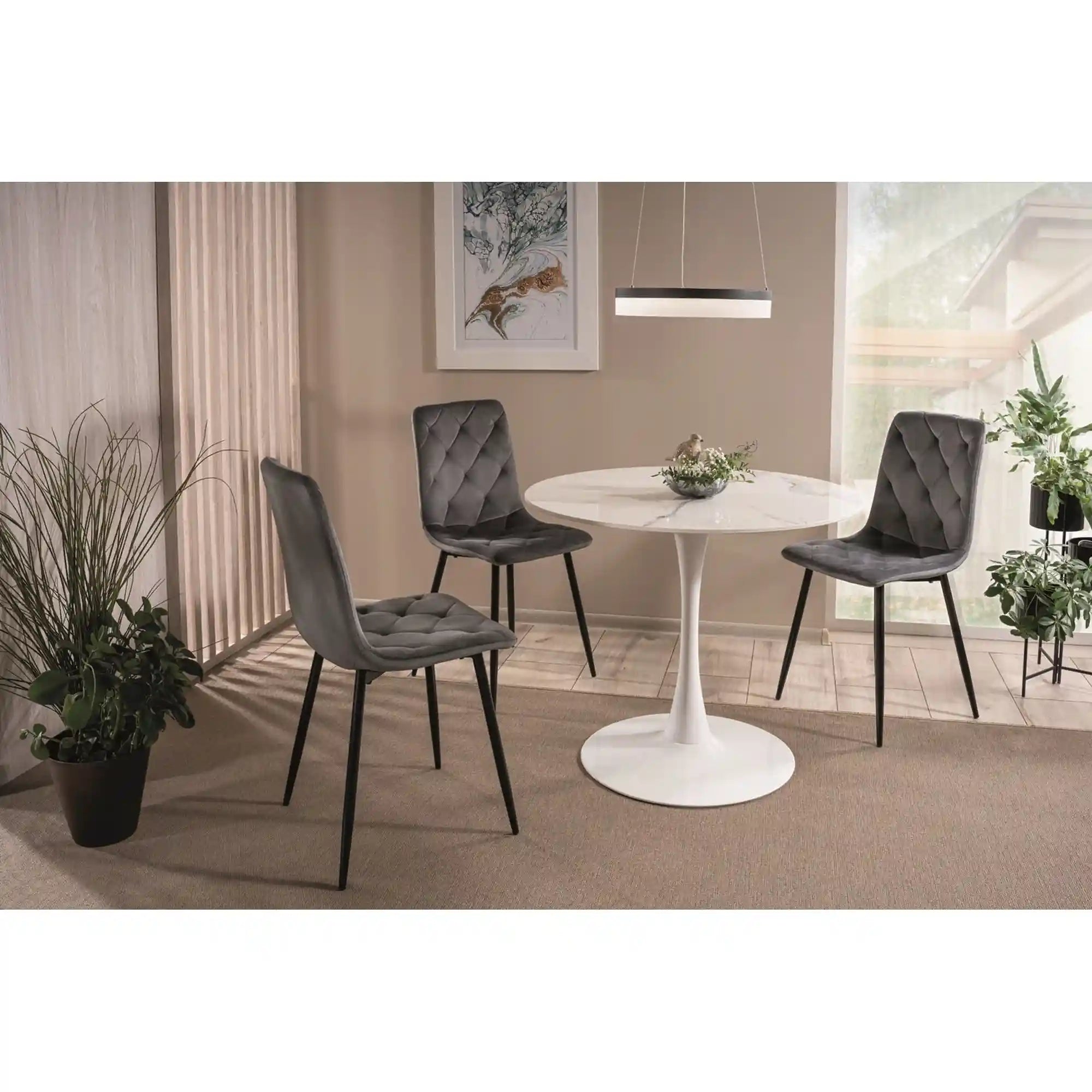 Masa ESPERO, alb cu efect de marmura/alb, ceramica/metal, 90x90x75 cm