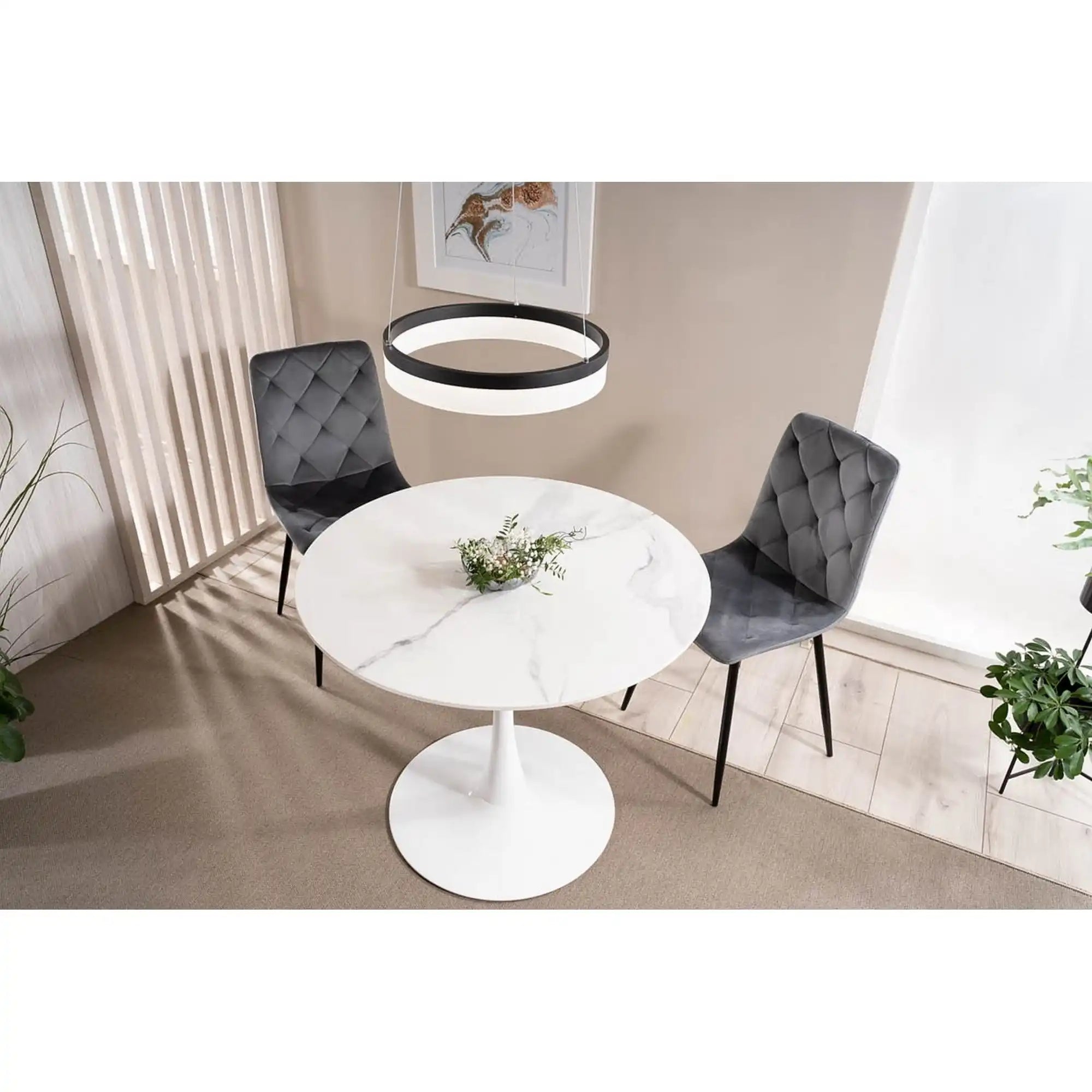 Masa ESPERO, alb cu efect de marmura/alb, ceramica/metal, 90x90x75 cm