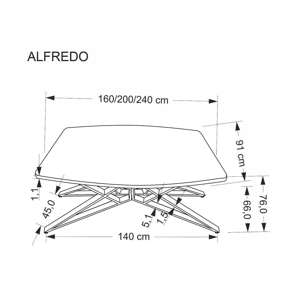 Masa extensibila ALFREDO, alb cu efect de marmura/negru, piatra sinterizata/otel, 160-240x91x76 cm