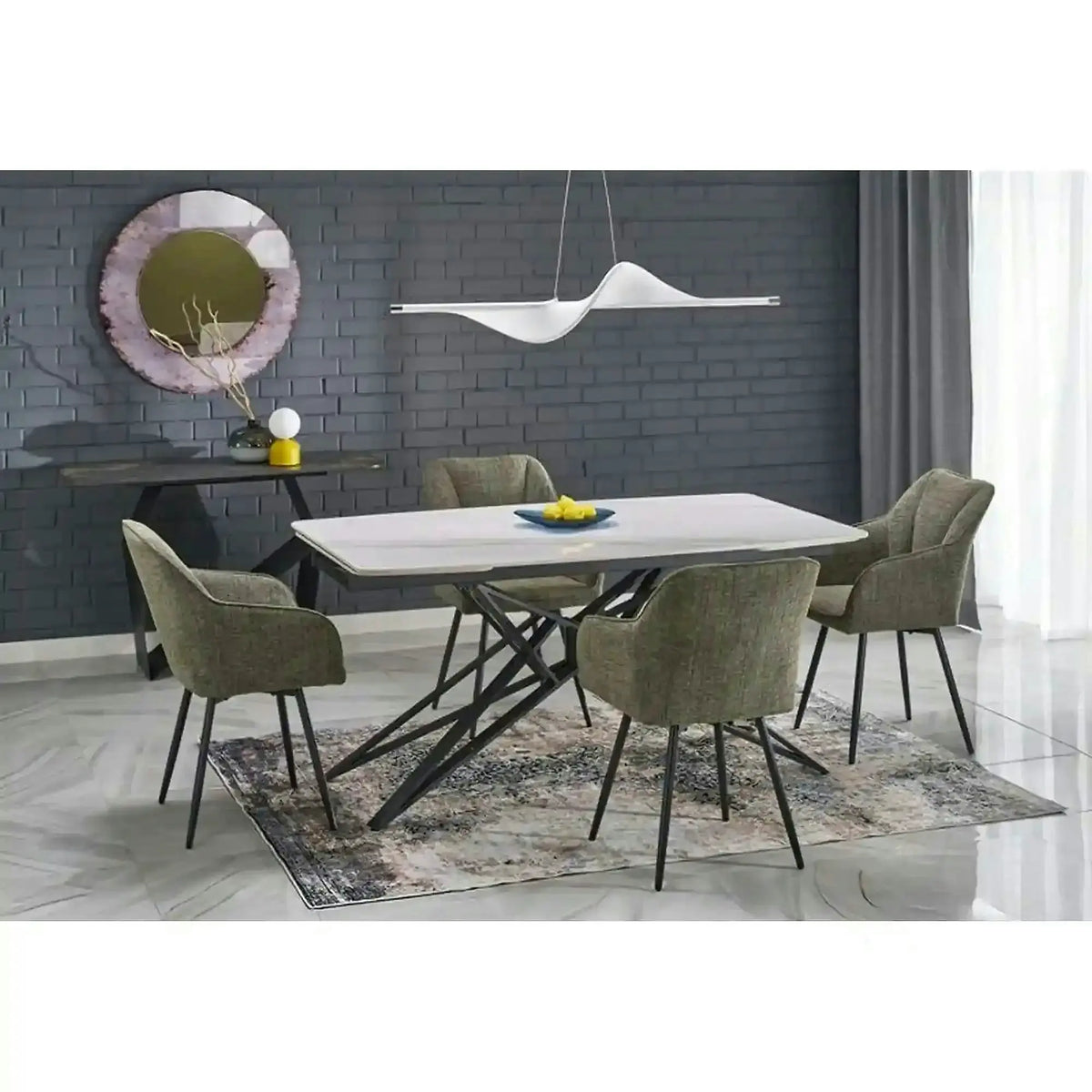 Masa extensibila ALFREDO, alb cu efect de marmura/negru, piatra sinterizata/otel, 160-240x91x76 cm
