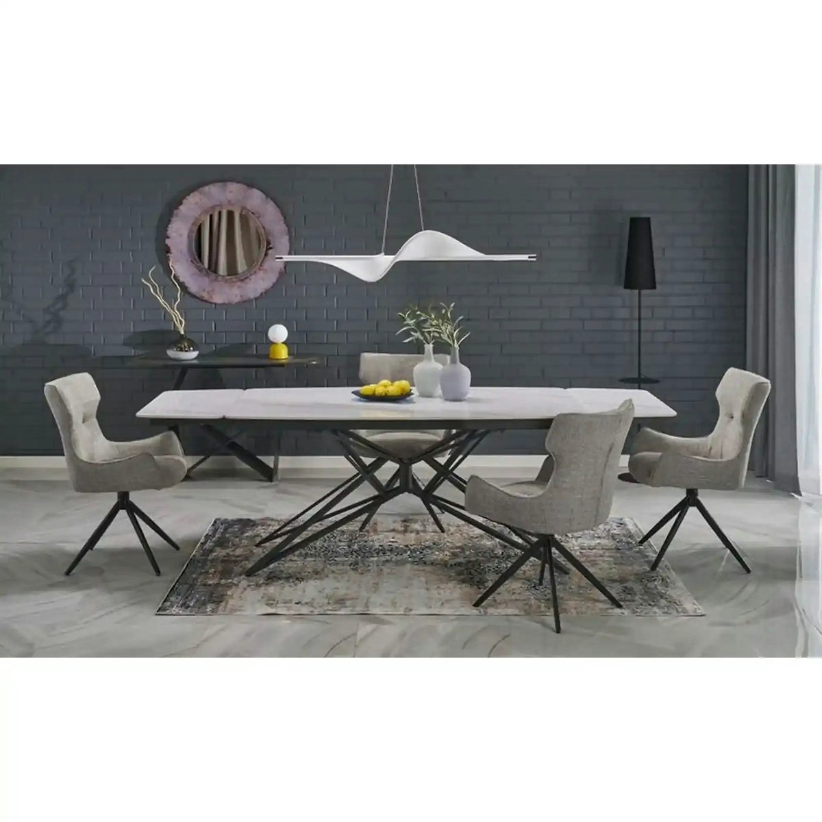 Masa extensibila ALFREDO, alb cu efect de marmura/negru, piatra sinterizata/otel, 160-240x91x76 cm