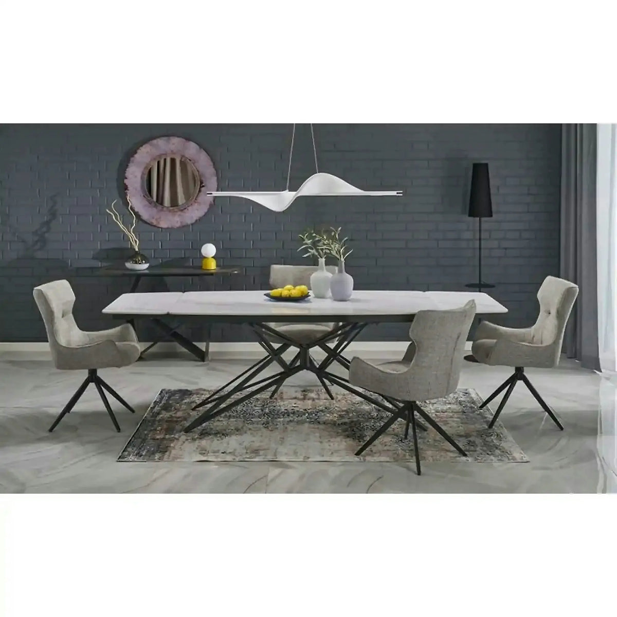 Masa extensibila ALFREDO, alb cu efect de marmura/negru, piatra sinterizata/otel, 160-240x91x76 cm