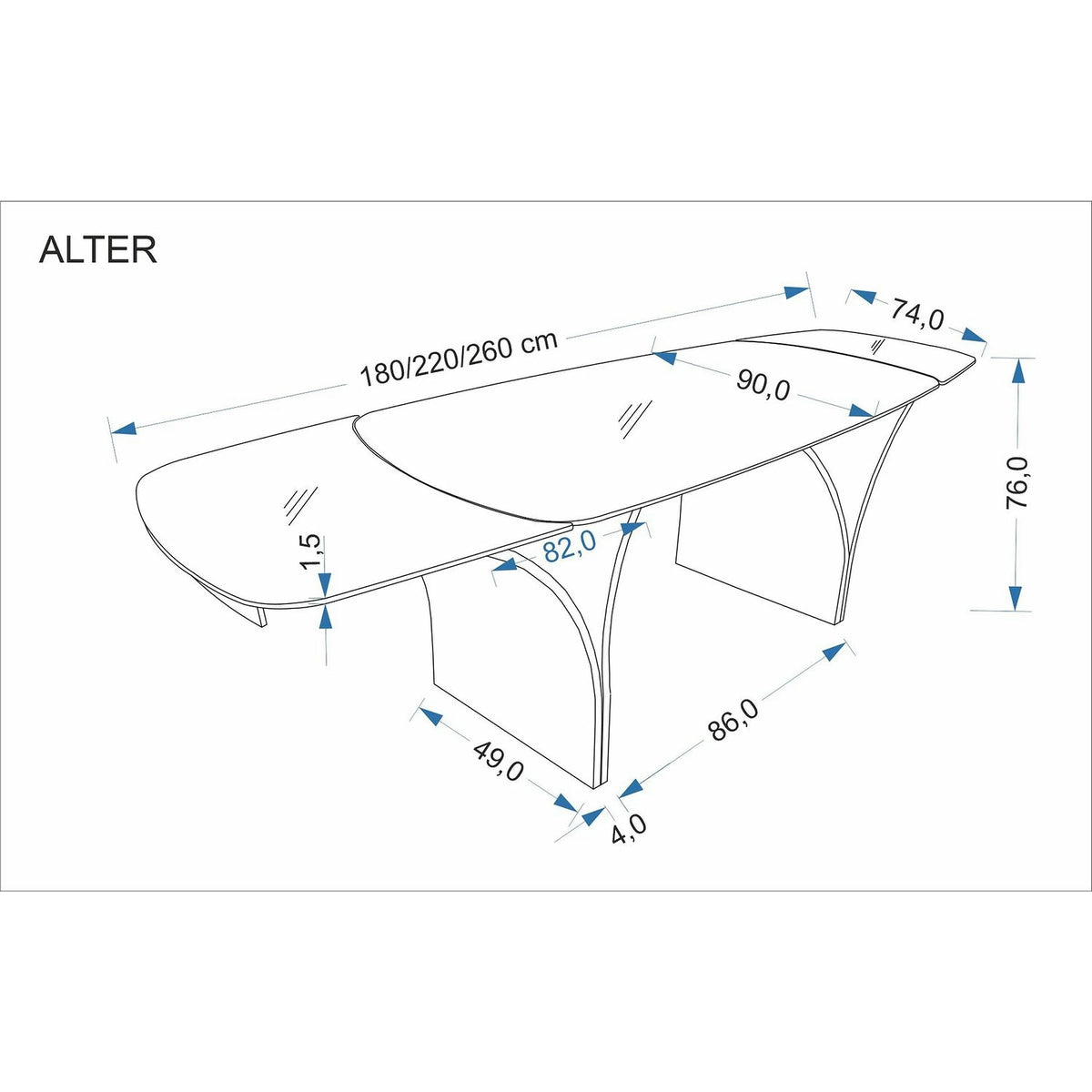 Masa extensibila ALTER, bej/negru, ceramica/sticla/metal, 180/260x90x74 cm