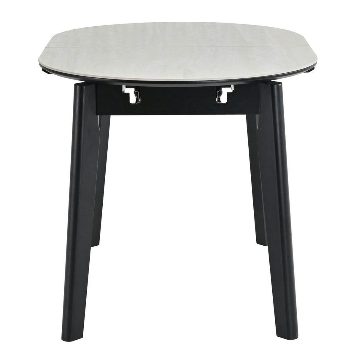 Masa extensibila ARES, bej cu efect de piatra travertin/negru, ceramica/metal, 120/150x85x76 cm
